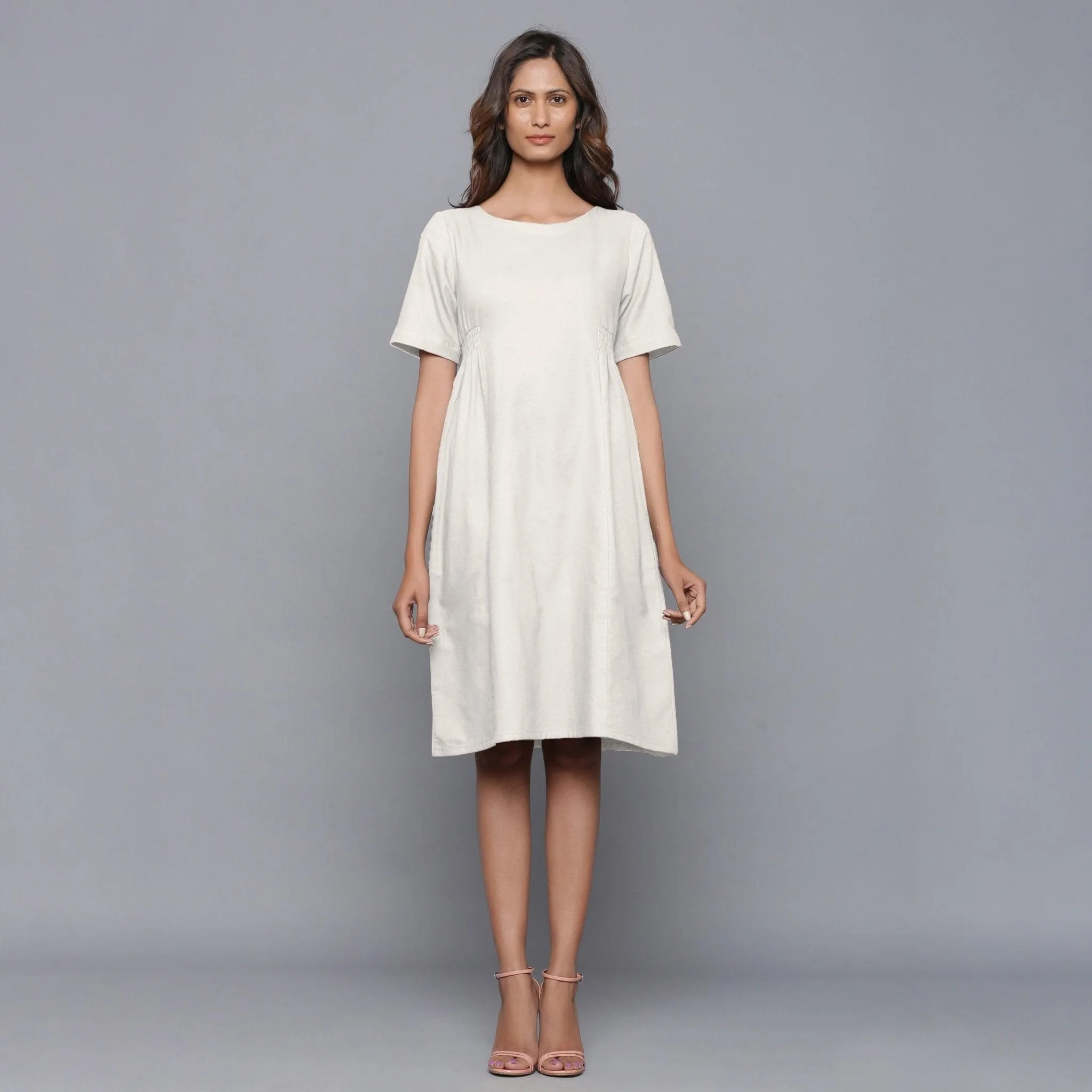 Off-White Warm Cotton Flannel Knee Length Dress