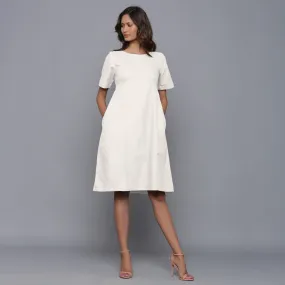 Off-White Warm Cotton Flannel Knee Length Dress