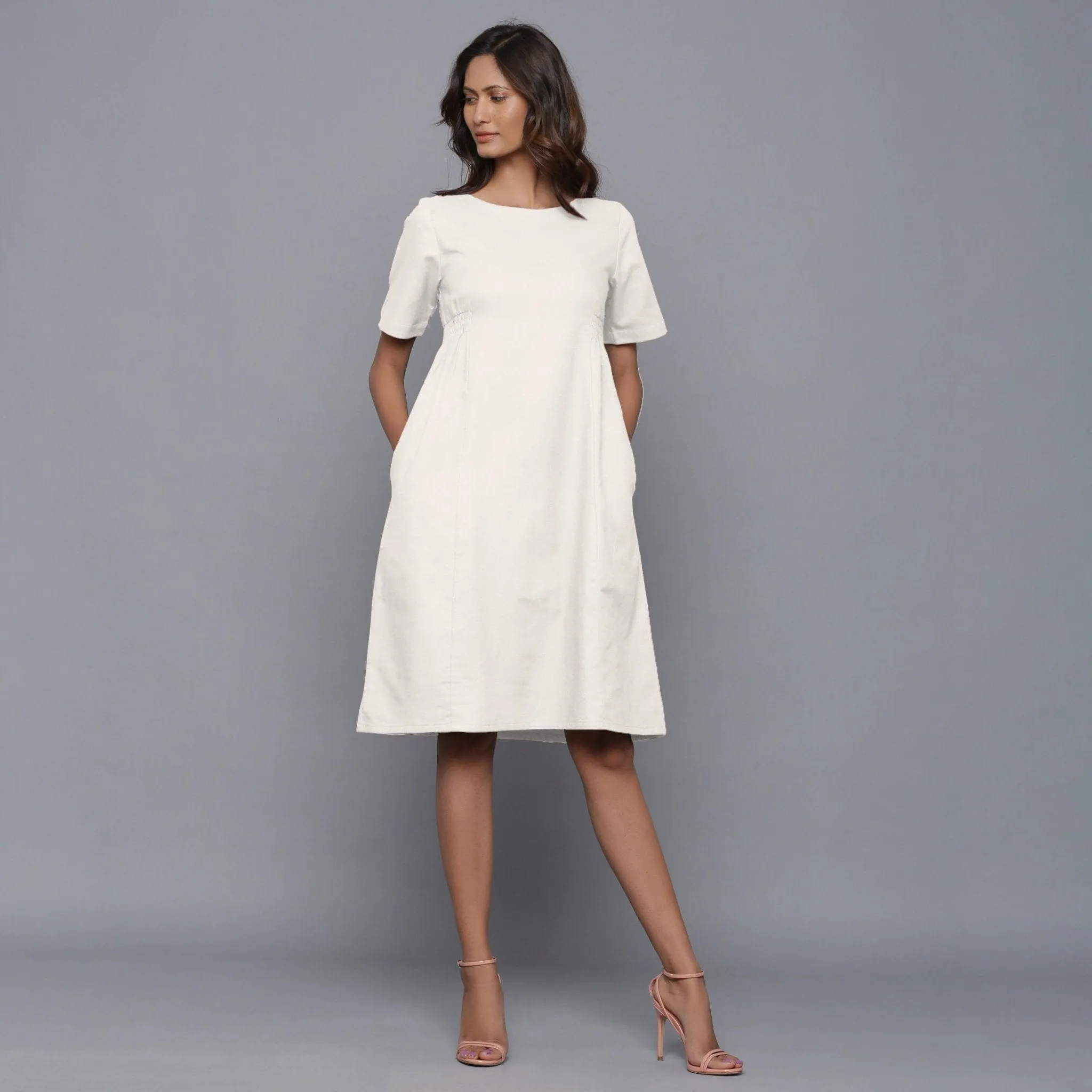 Off-White Warm Cotton Flannel Knee Length Dress