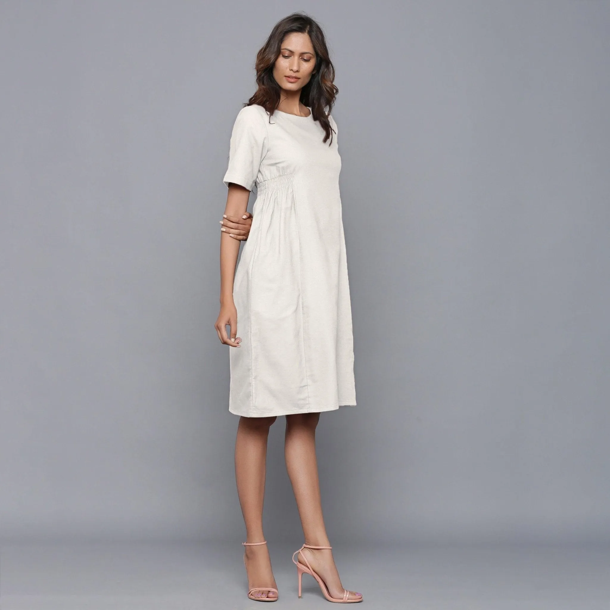 Off-White Warm Cotton Flannel Knee Length Dress