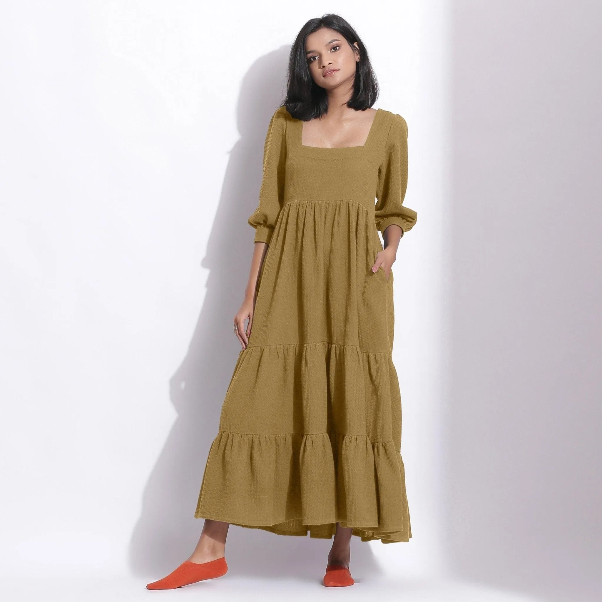 Olive Green Warm Cotton Honeycomb Waffle Maxi Dress