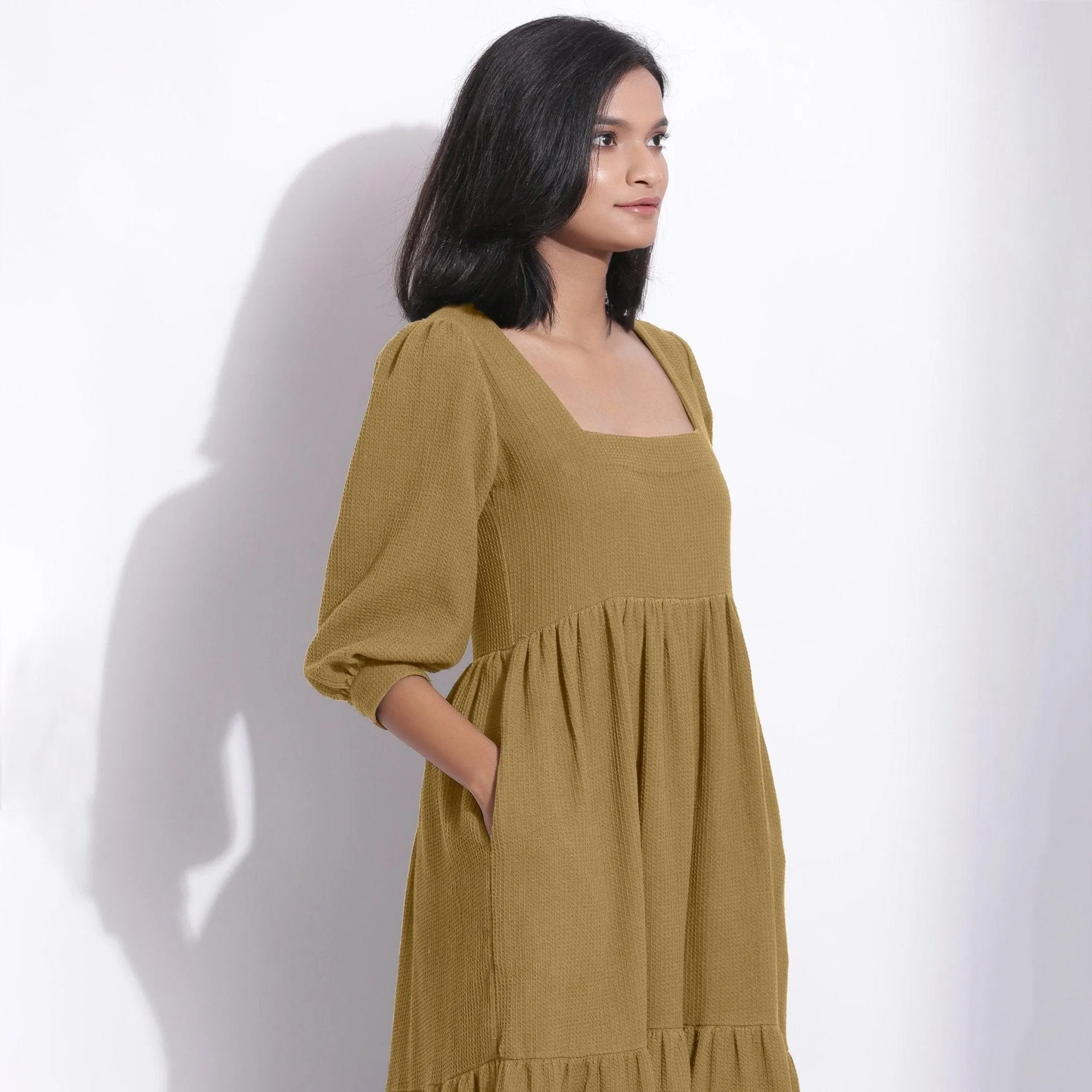 Olive Green Warm Cotton Honeycomb Waffle Maxi Dress
