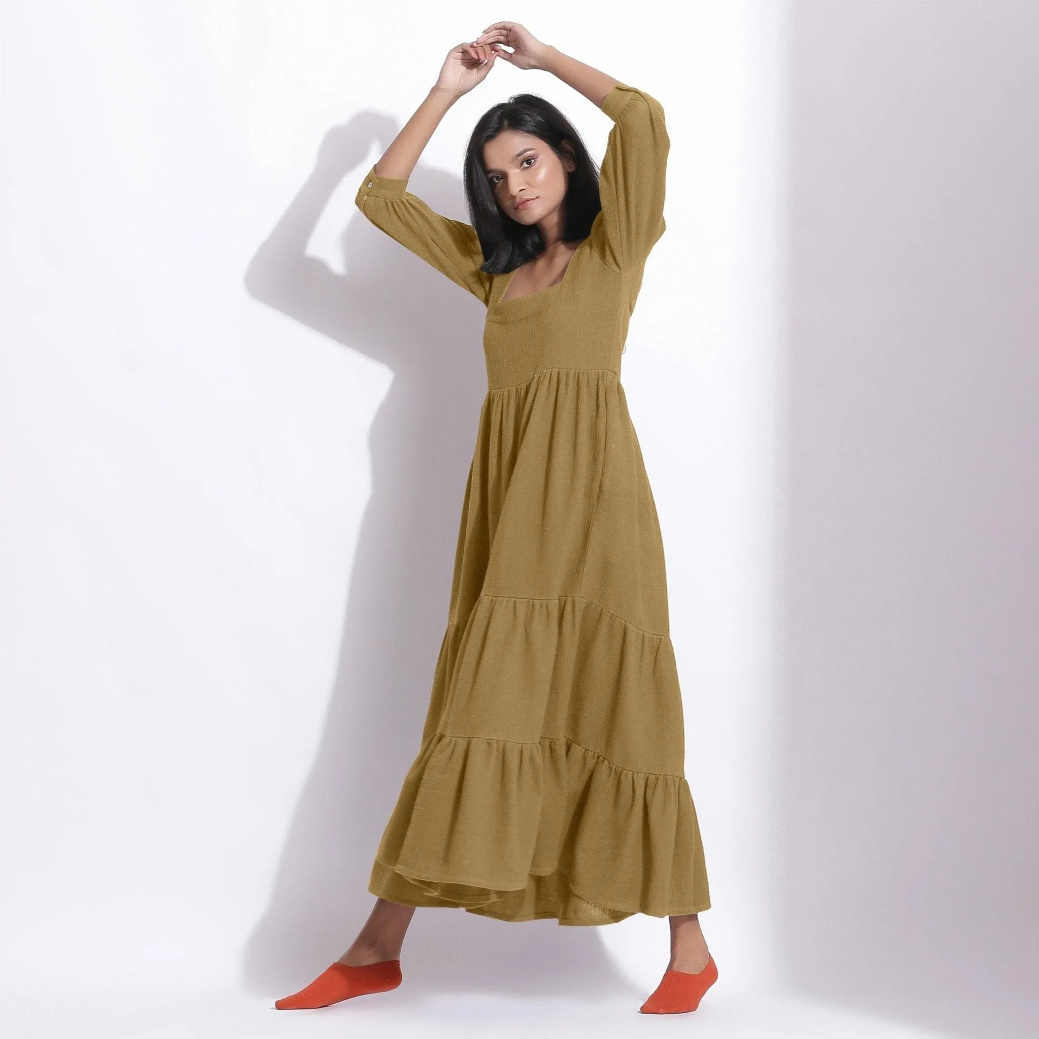 Olive Green Warm Cotton Honeycomb Waffle Maxi Dress