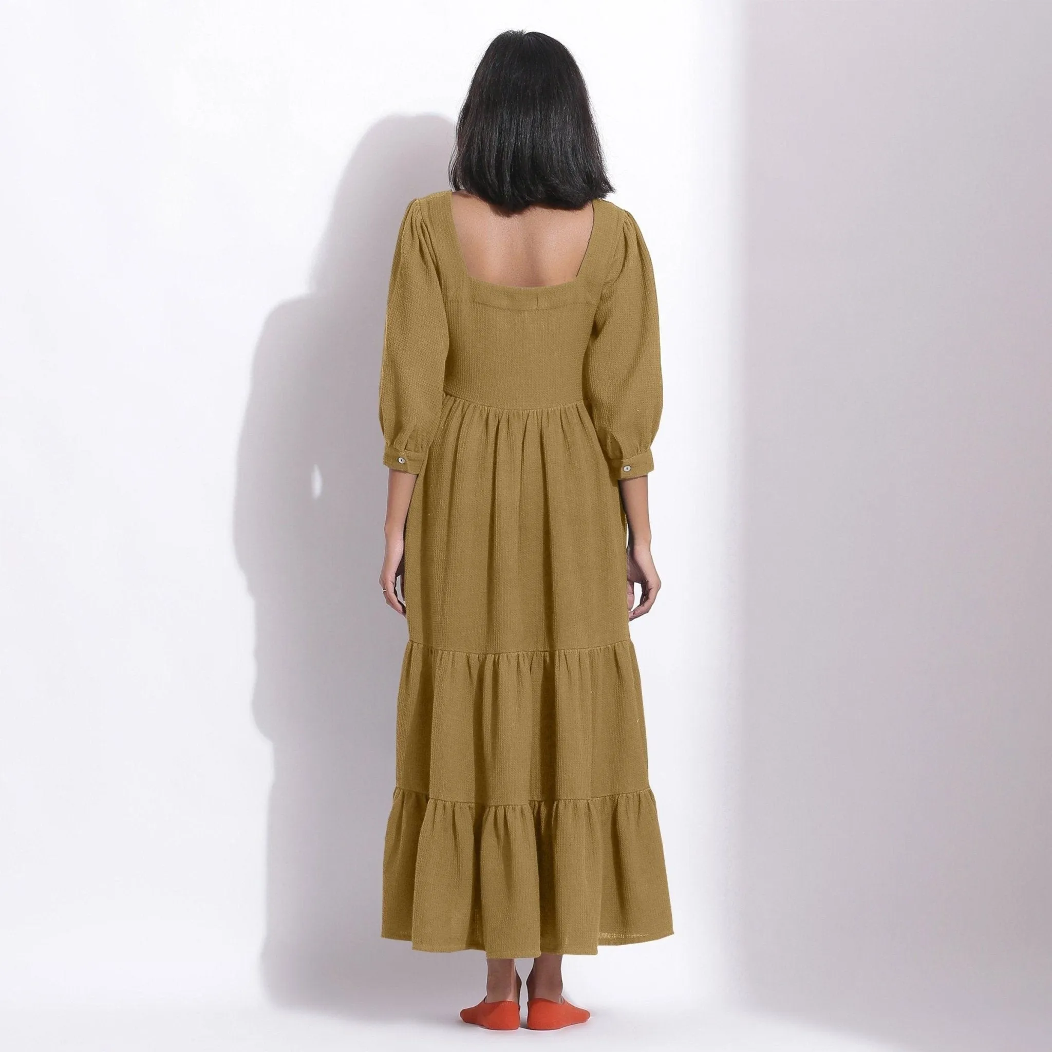 Olive Green Warm Cotton Honeycomb Waffle Maxi Dress