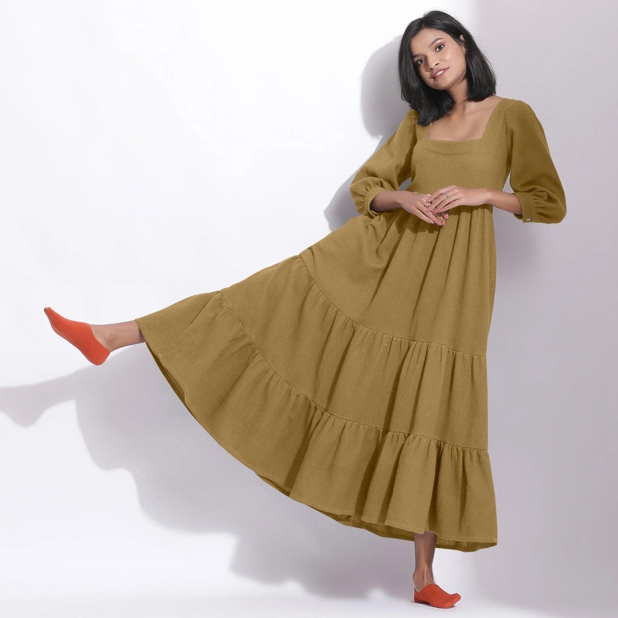 Olive Green Warm Cotton Honeycomb Waffle Maxi Dress