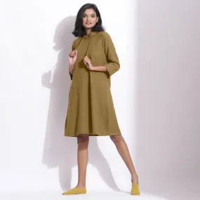 Olive Green Warm Cotton Waffle Knee Length Hoodie Dress