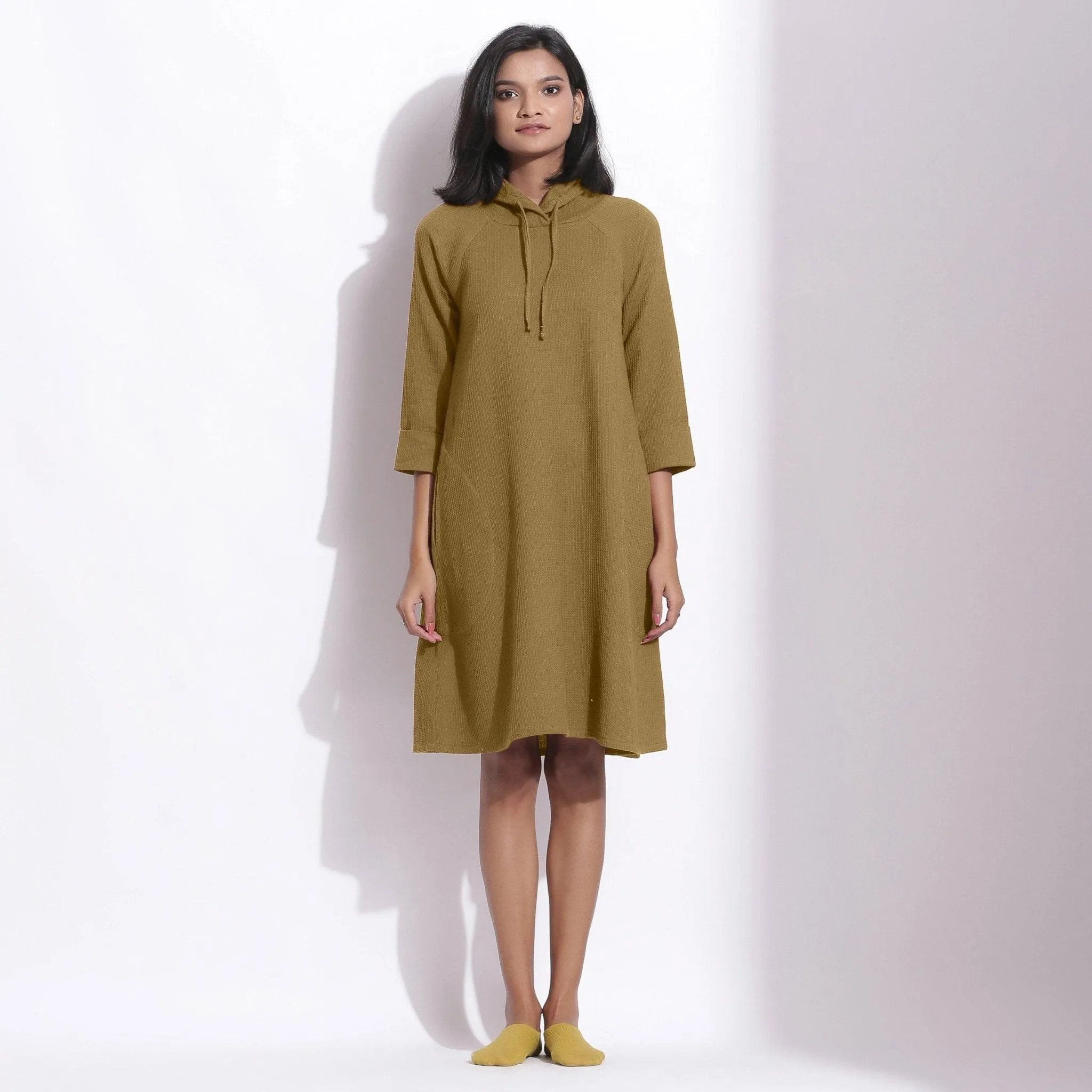 Olive Green Warm Cotton Waffle Knee Length Hoodie Dress