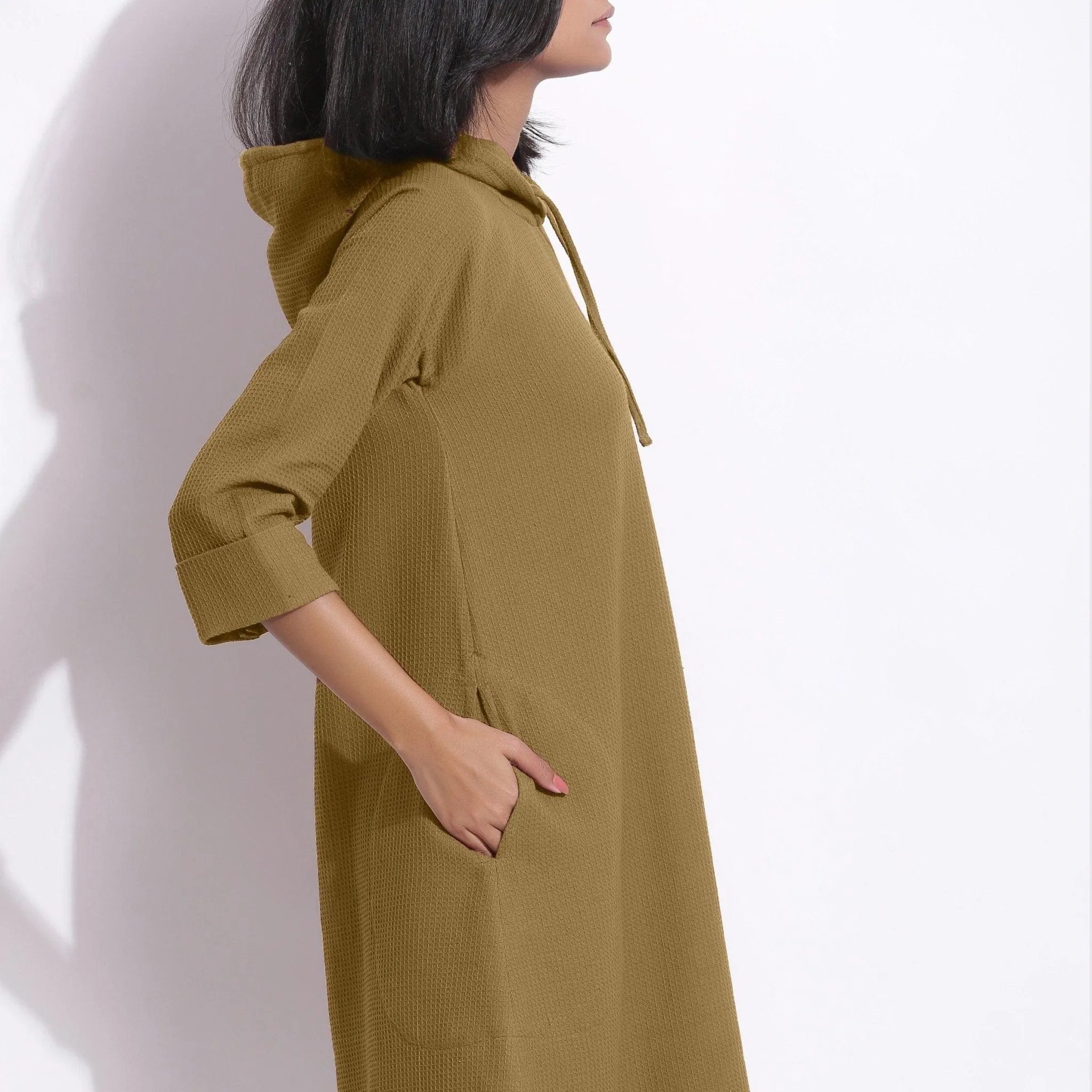 Olive Green Warm Cotton Waffle Knee Length Hoodie Dress