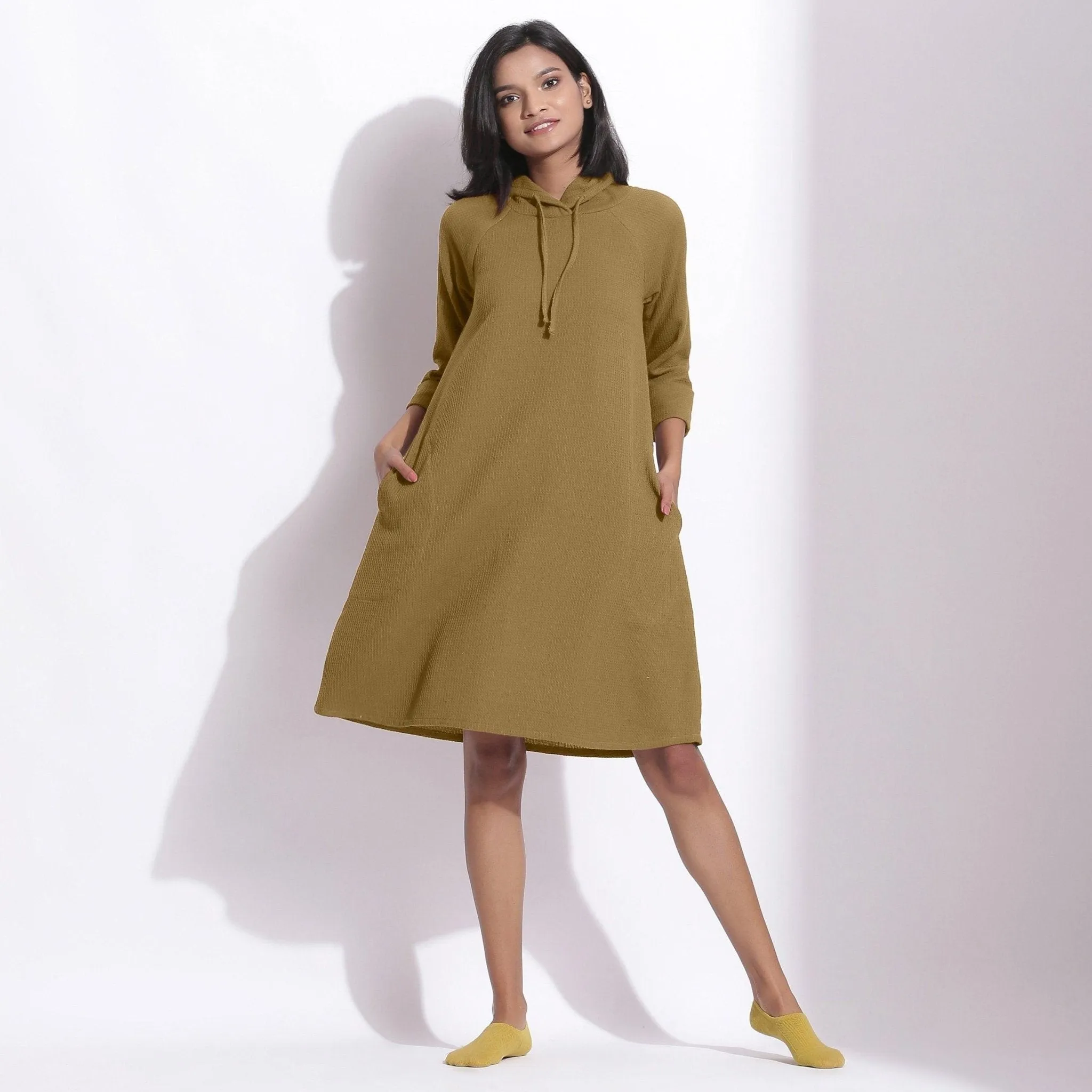 Olive Green Warm Cotton Waffle Knee Length Hoodie Dress