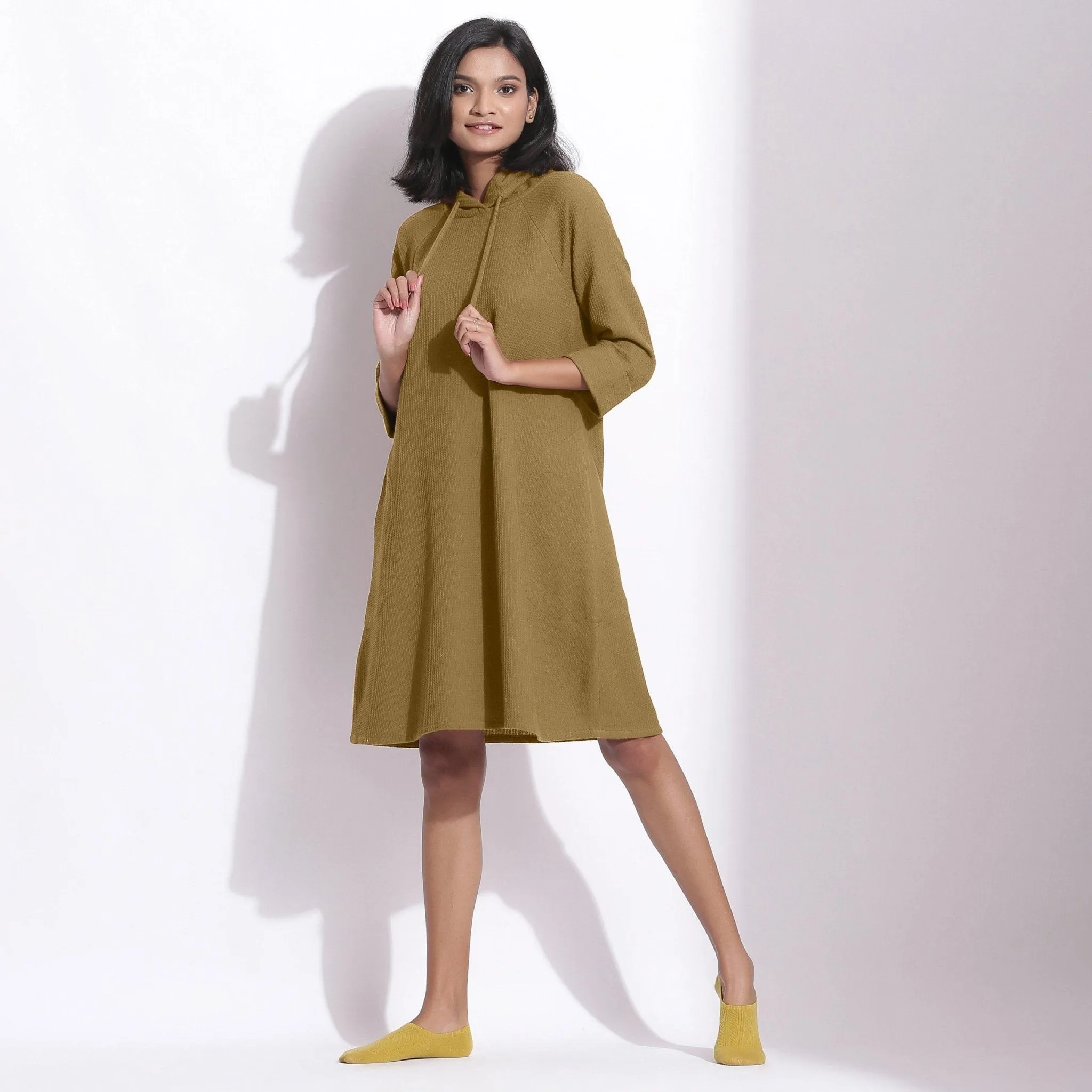 Olive Green Warm Cotton Waffle Knee Length Hoodie Dress