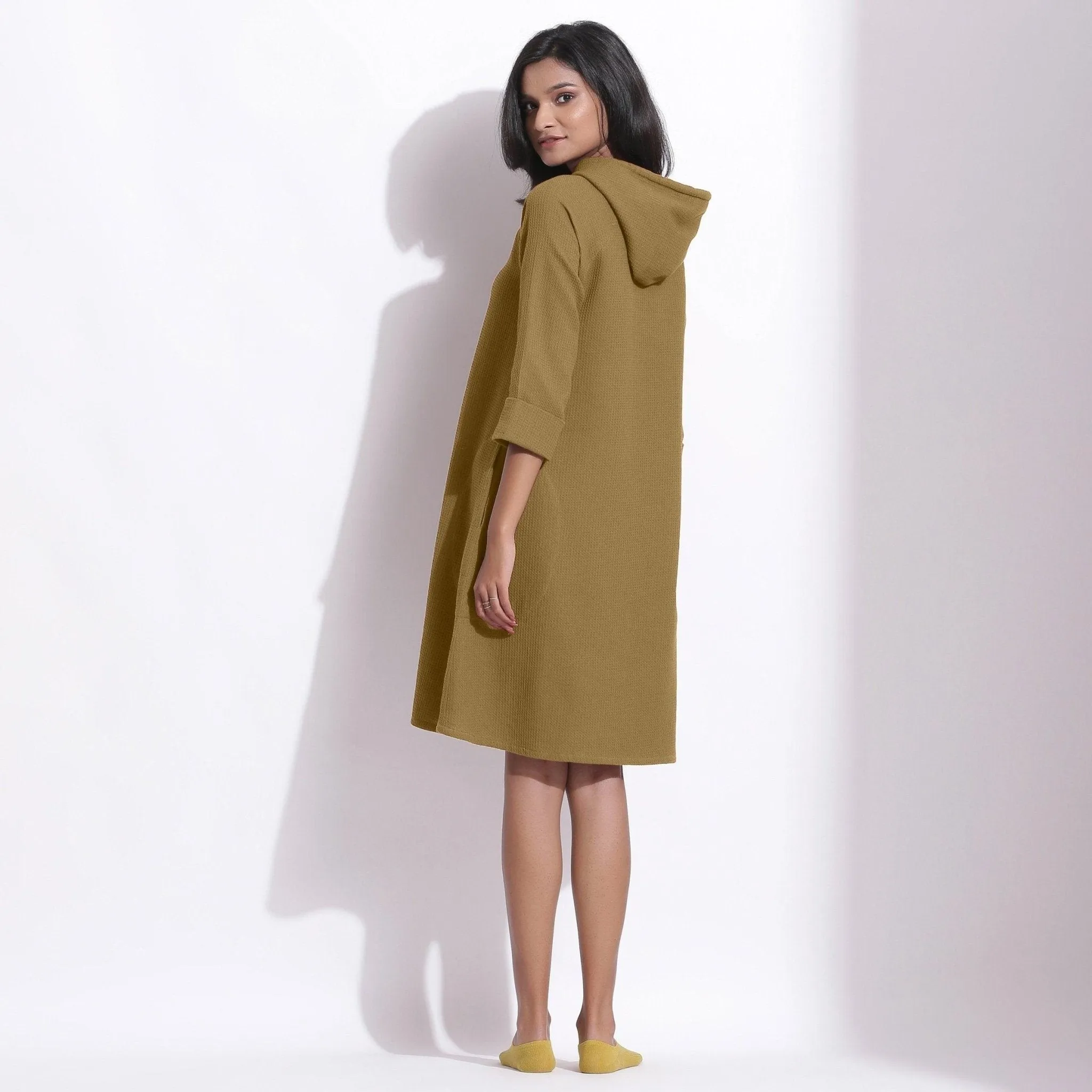 Olive Green Warm Cotton Waffle Knee Length Hoodie Dress