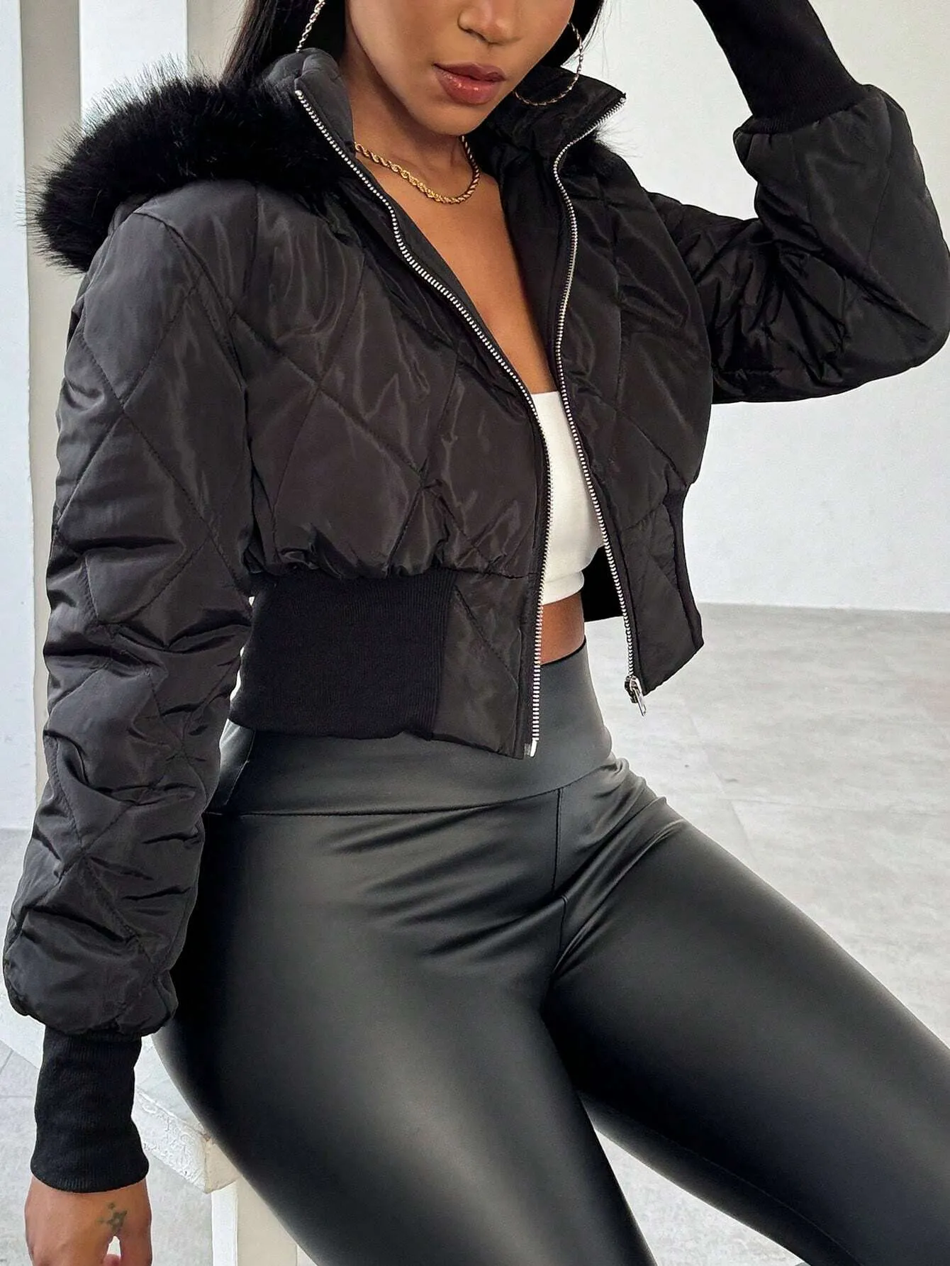 Patchwork Fluffy Hooded  Padded Coat FW24