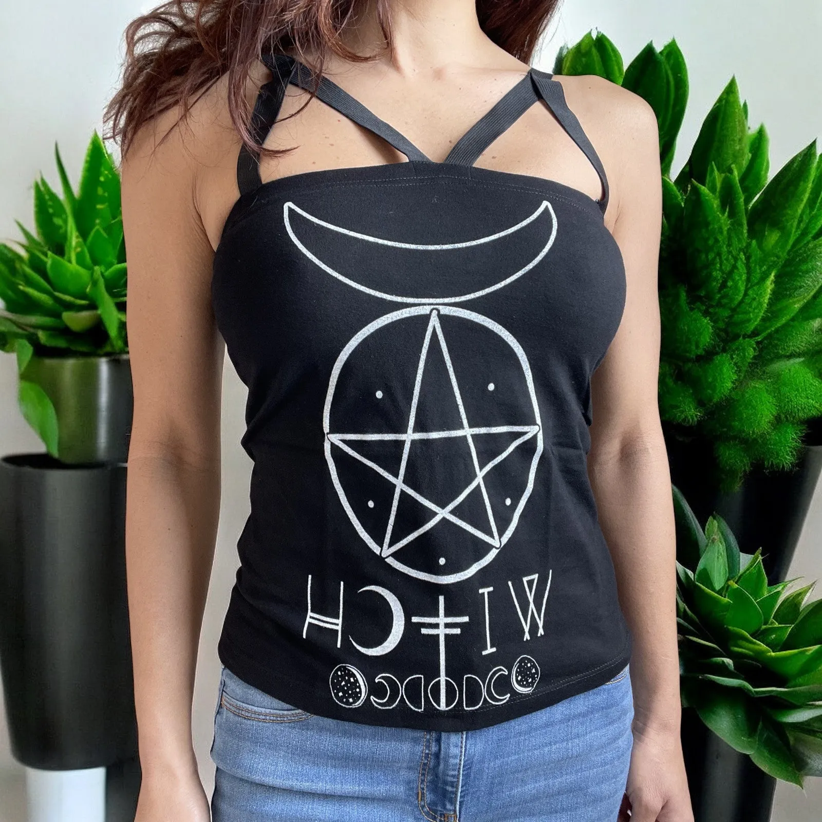 Pentagram and Moons Witch Moon Phases Black Strappy Tank Top