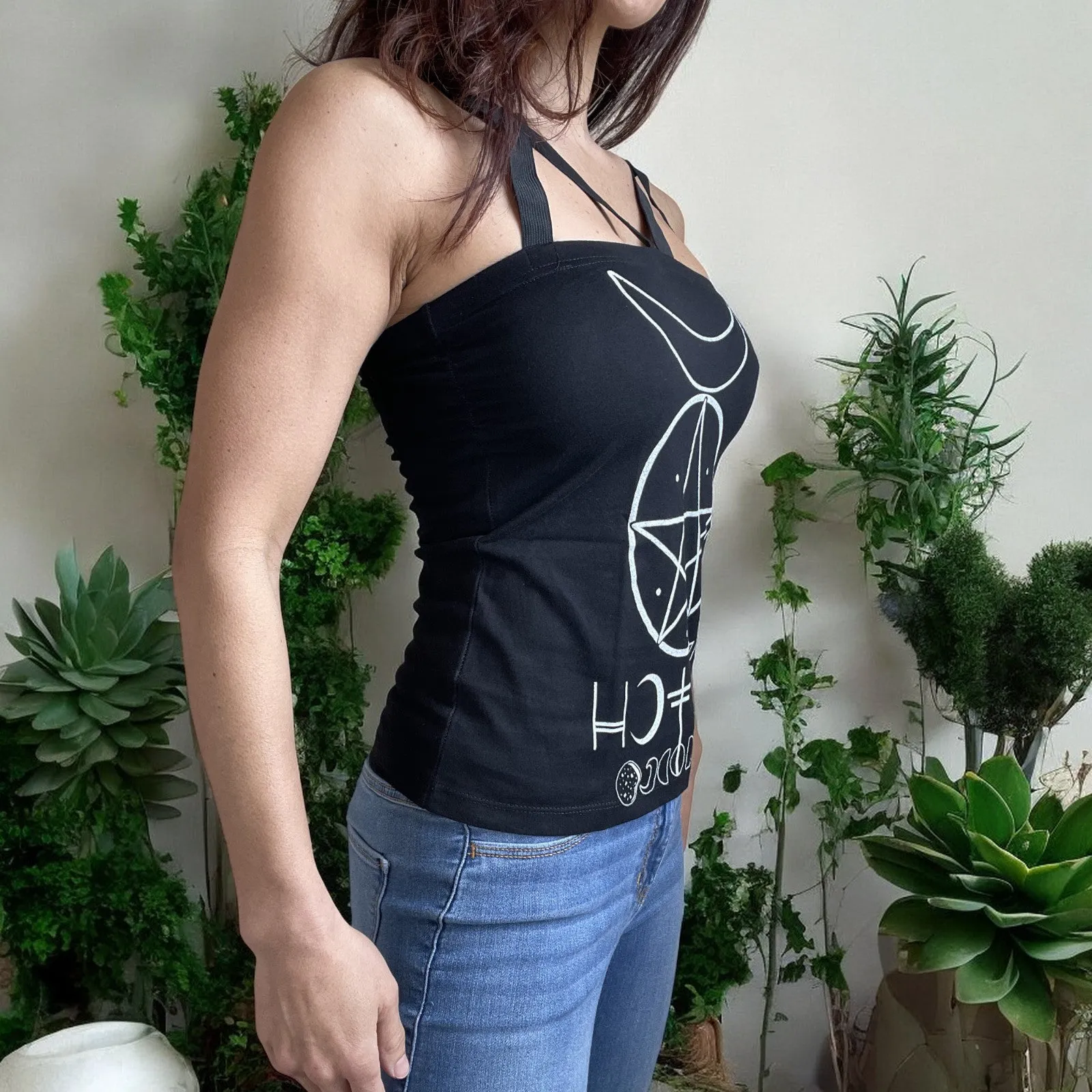 Pentagram and Moons Witch Moon Phases Black Strappy Tank Top