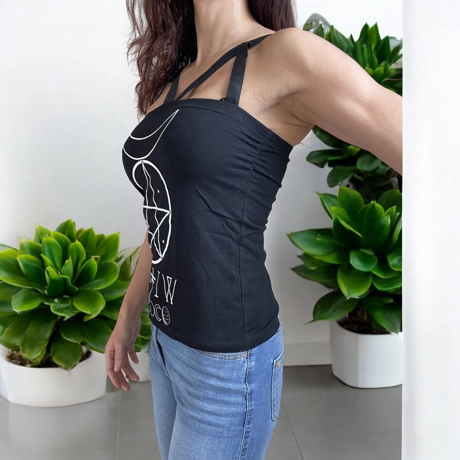 Pentagram and Moons Witch Moon Phases Black Strappy Tank Top