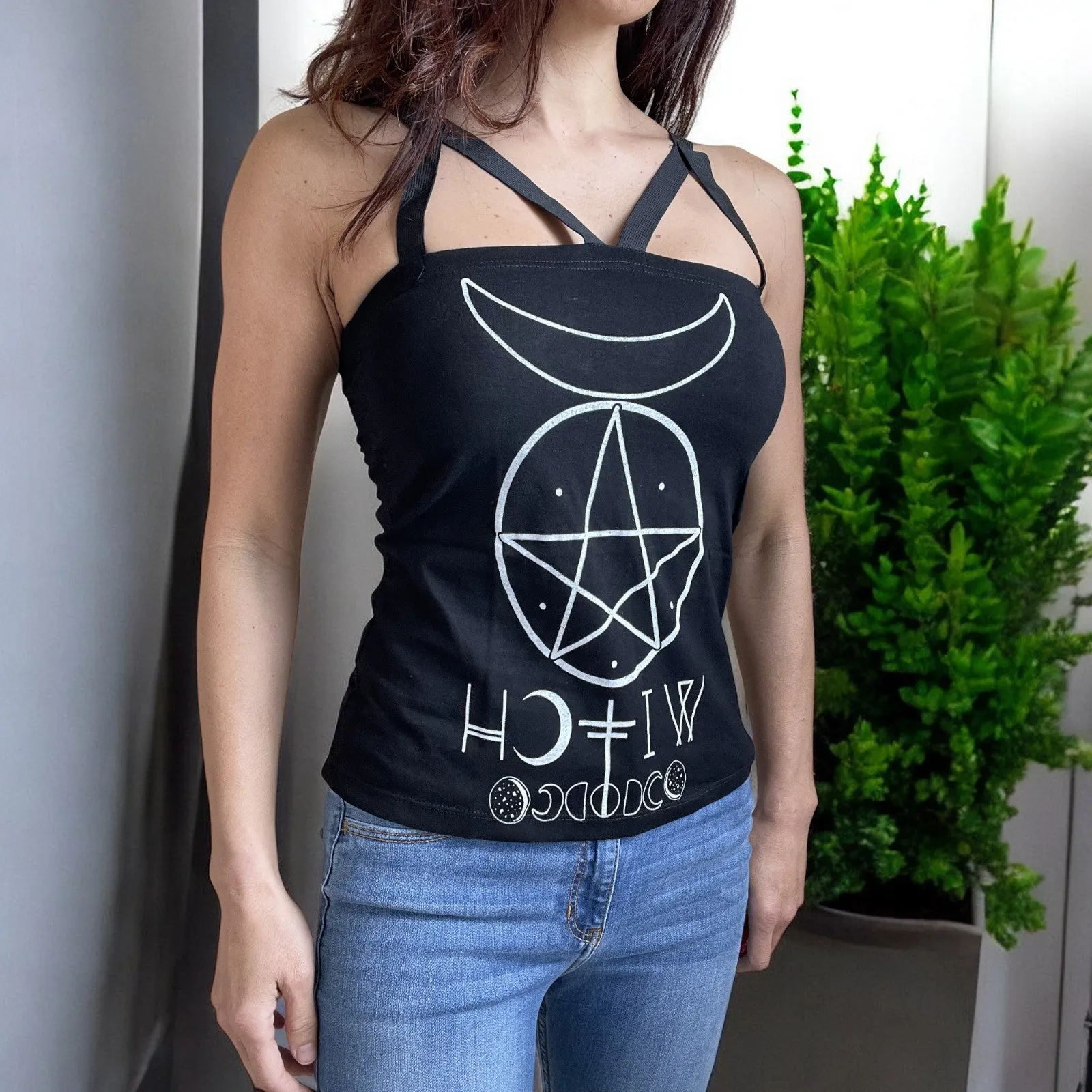 Pentagram and Moons Witch Moon Phases Black Strappy Tank Top