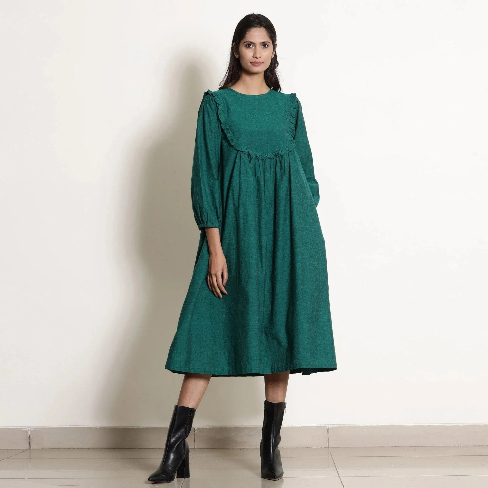 Pine Green Warm Cotton Frilled Midi Yoke Dress