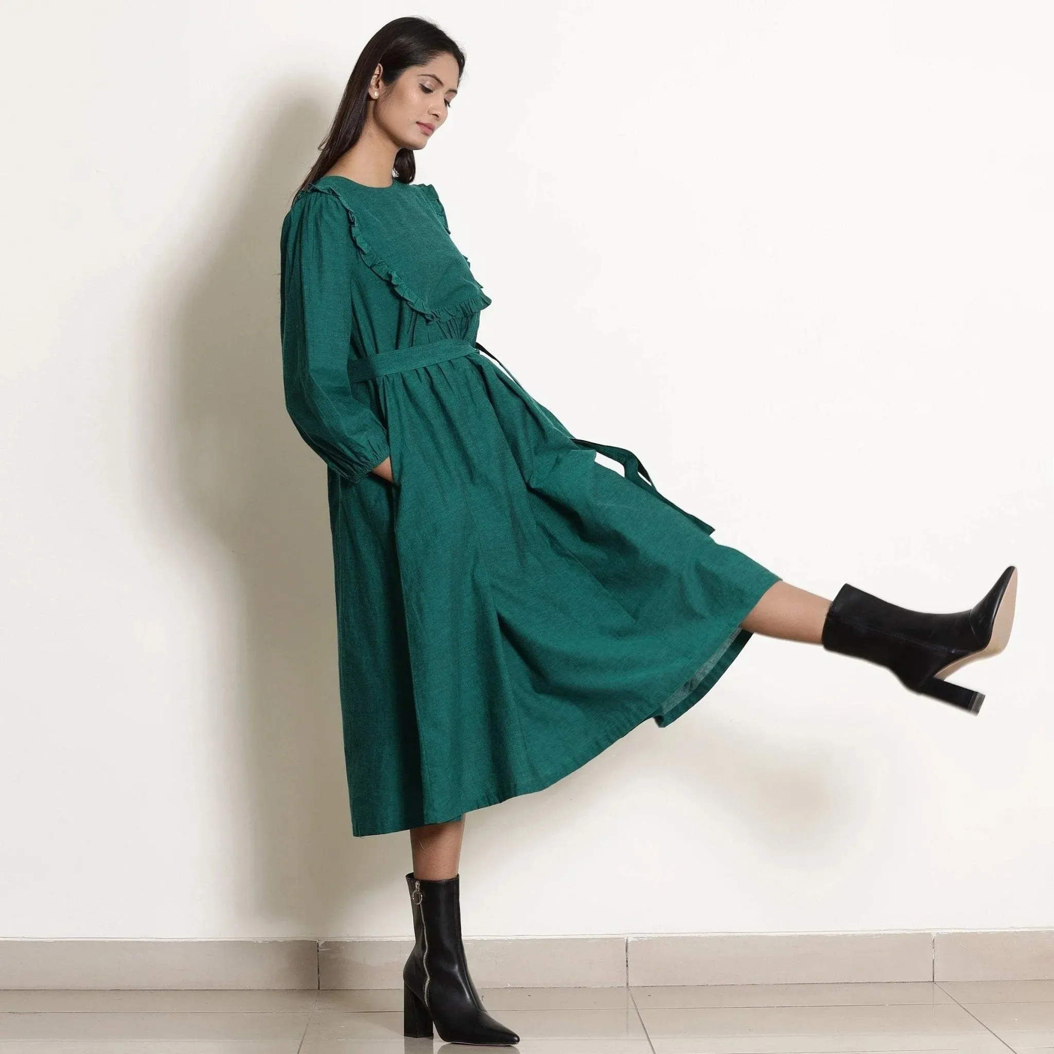 Pine Green Warm Cotton Frilled Midi Yoke Dress
