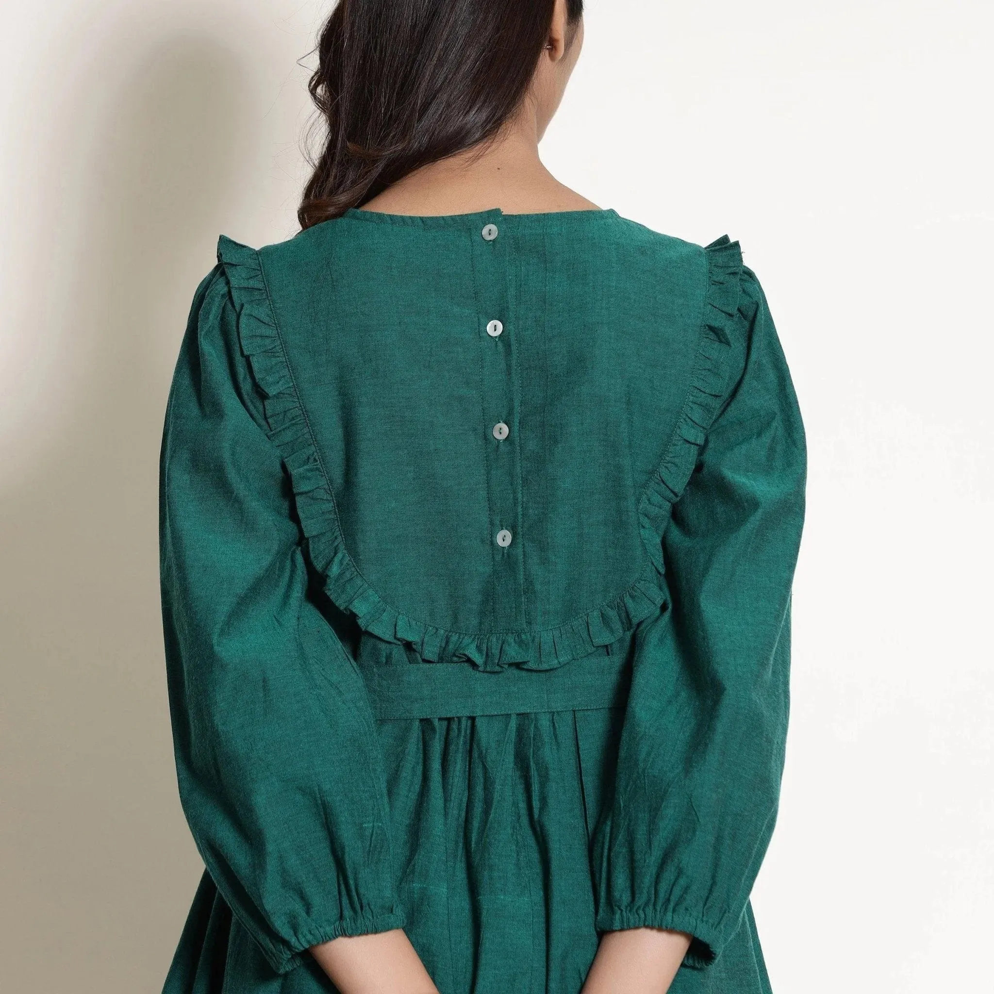 Pine Green Warm Cotton Frilled Midi Yoke Dress