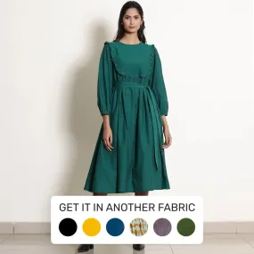Pine Green Warm Cotton Frilled Midi Yoke Dress