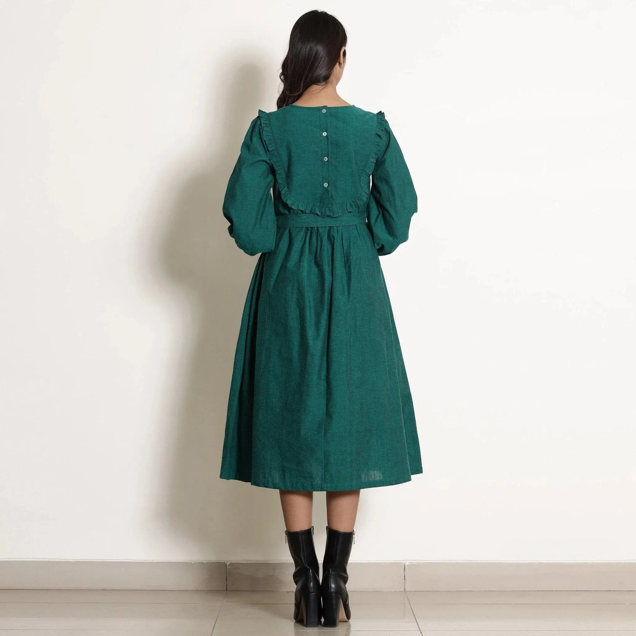 Pine Green Warm Cotton Frilled Midi Yoke Dress