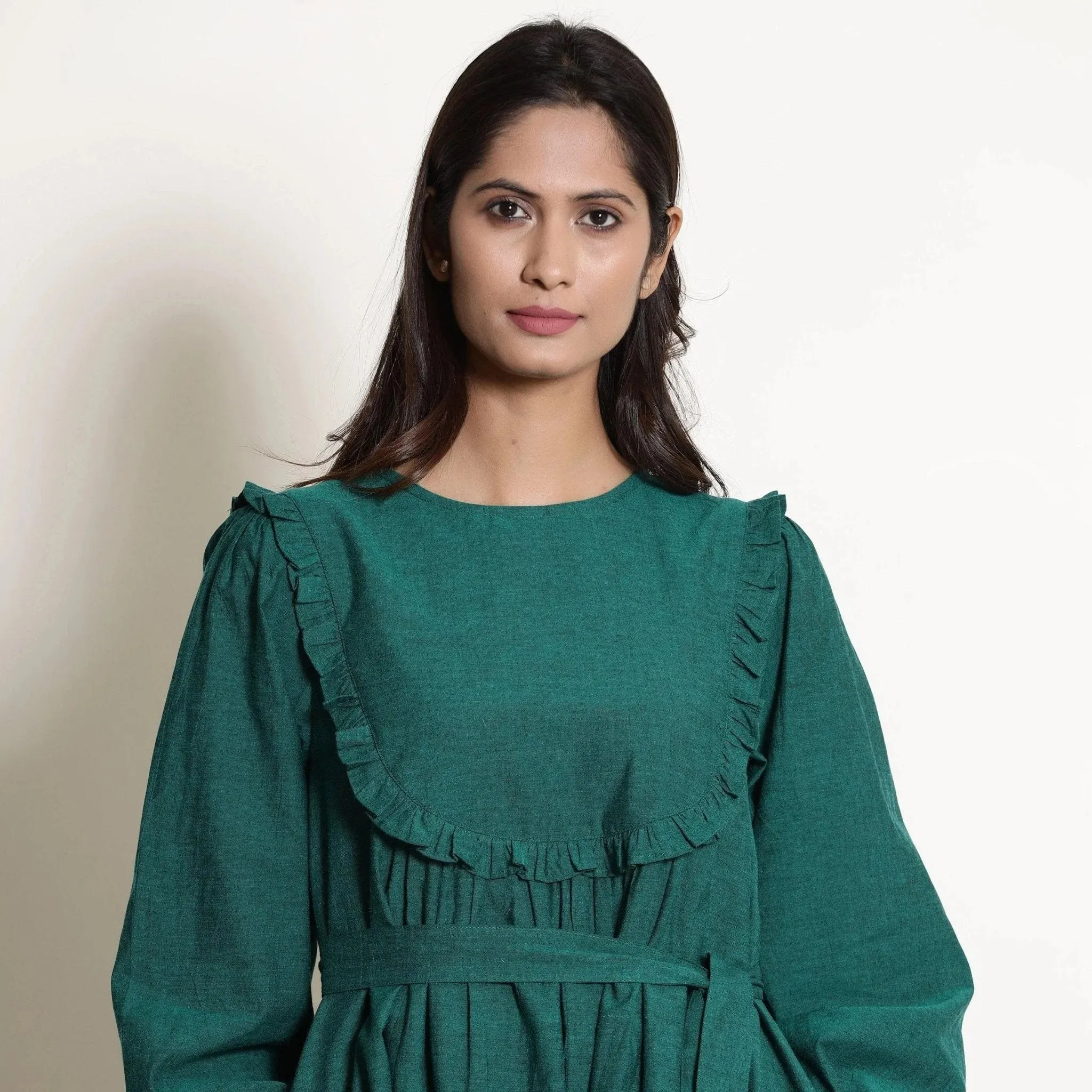 Pine Green Warm Cotton Frilled Midi Yoke Dress