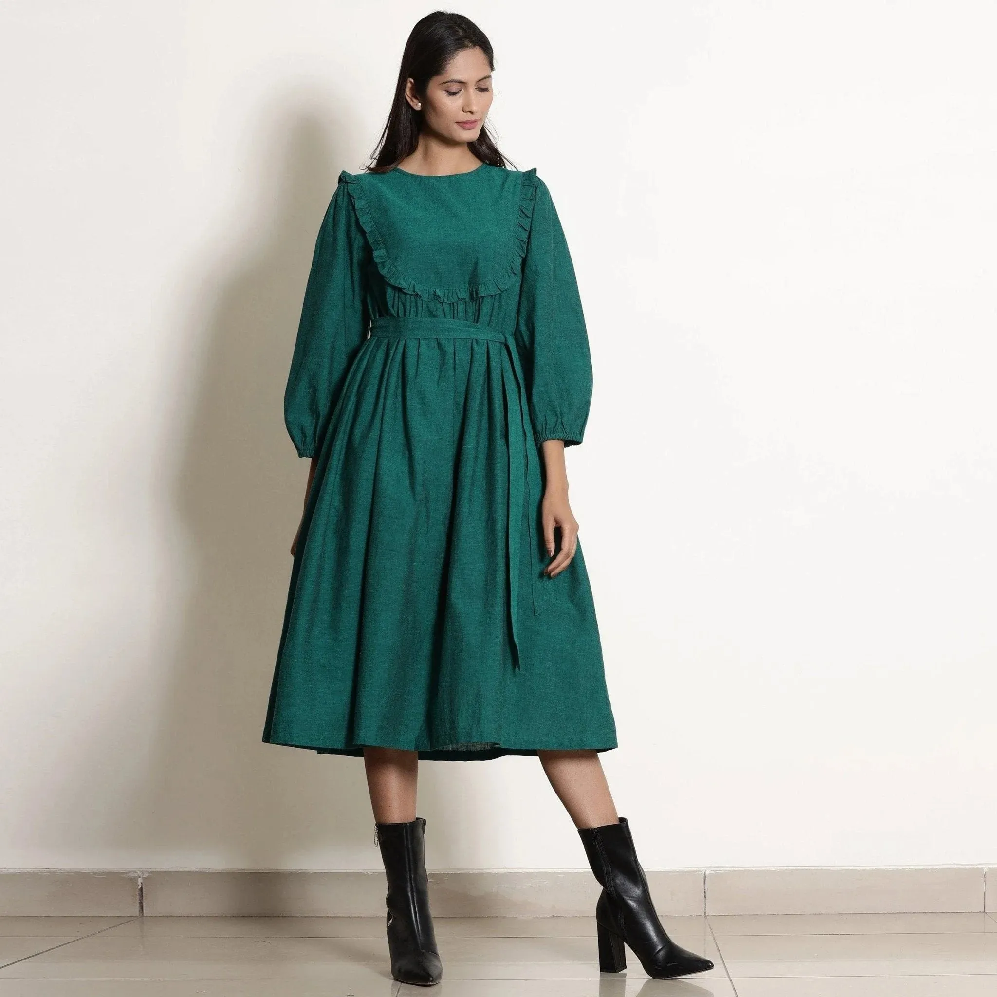 Pine Green Warm Cotton Frilled Midi Yoke Dress