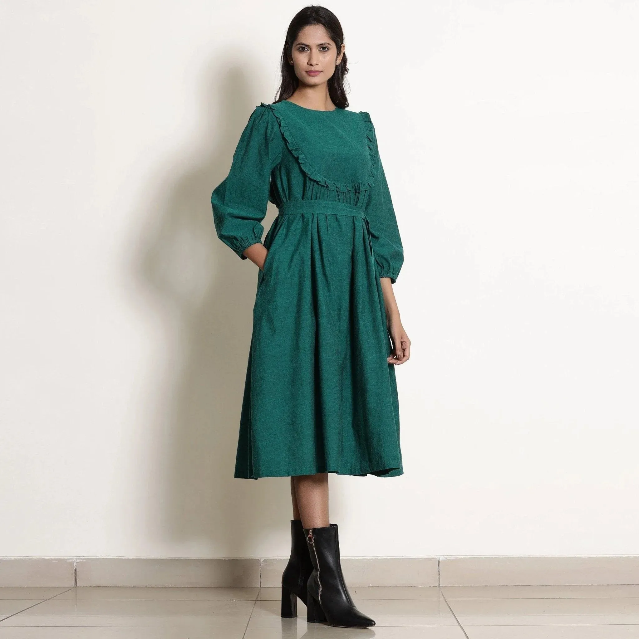 Pine Green Warm Cotton Frilled Midi Yoke Dress