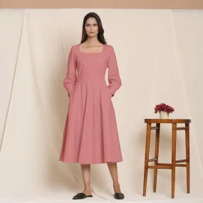 Pink Warm Cotton Flannel Fit and Flare Midi Dress