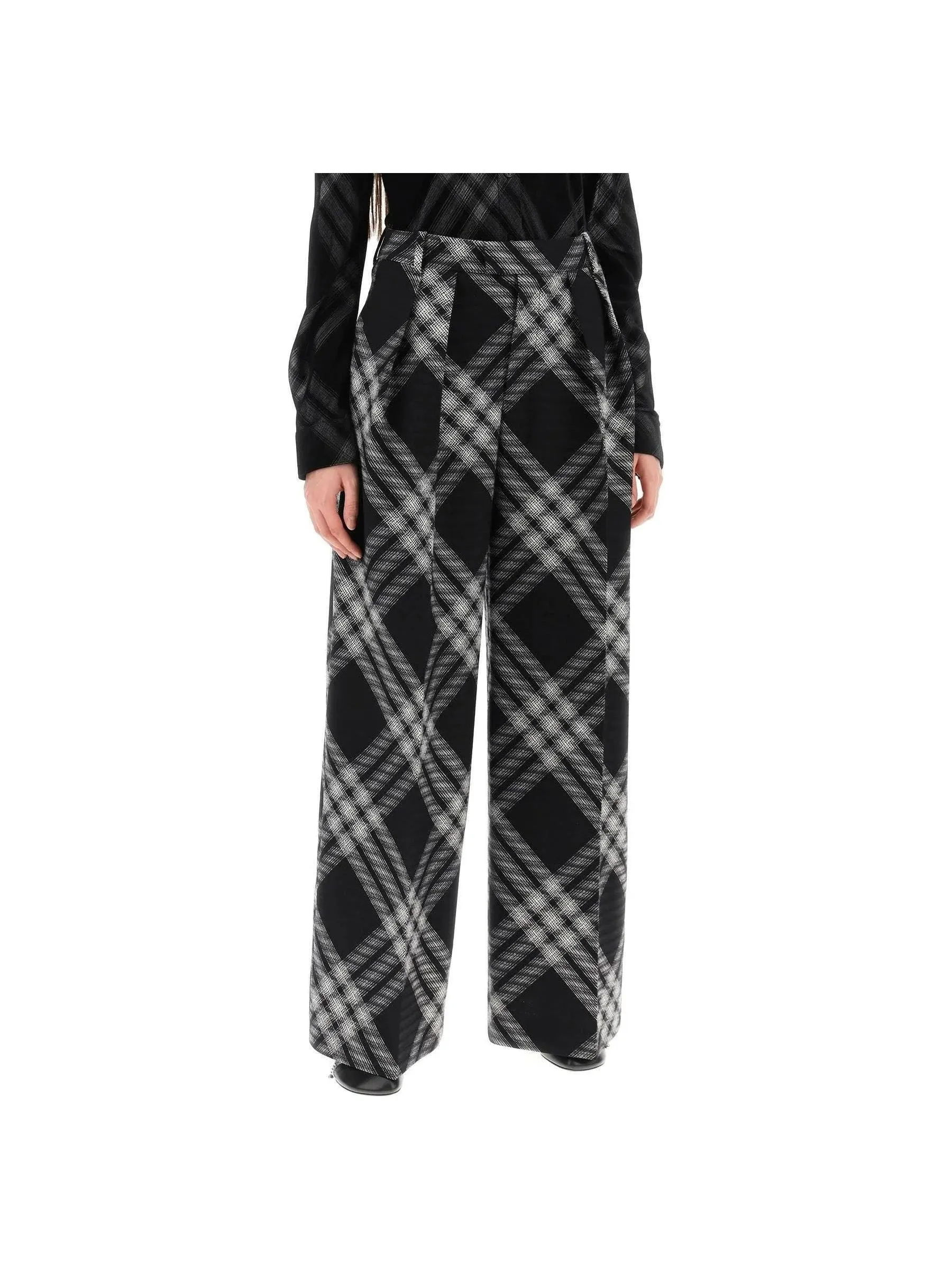 Pleated Check Wool Trousers