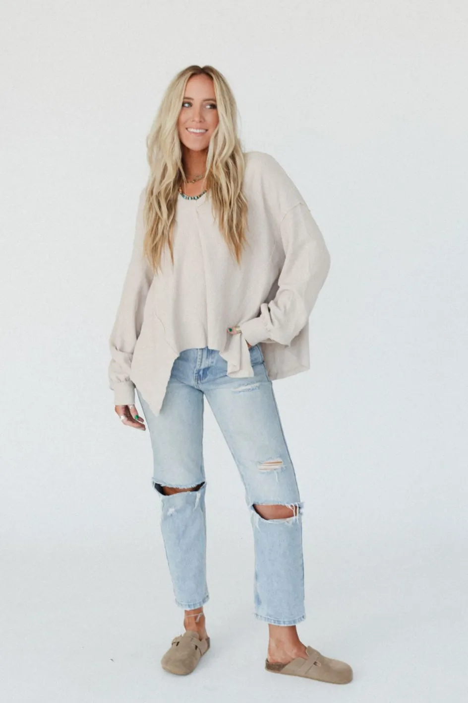Poetry Thermal V Neck Top - Oatmeal
