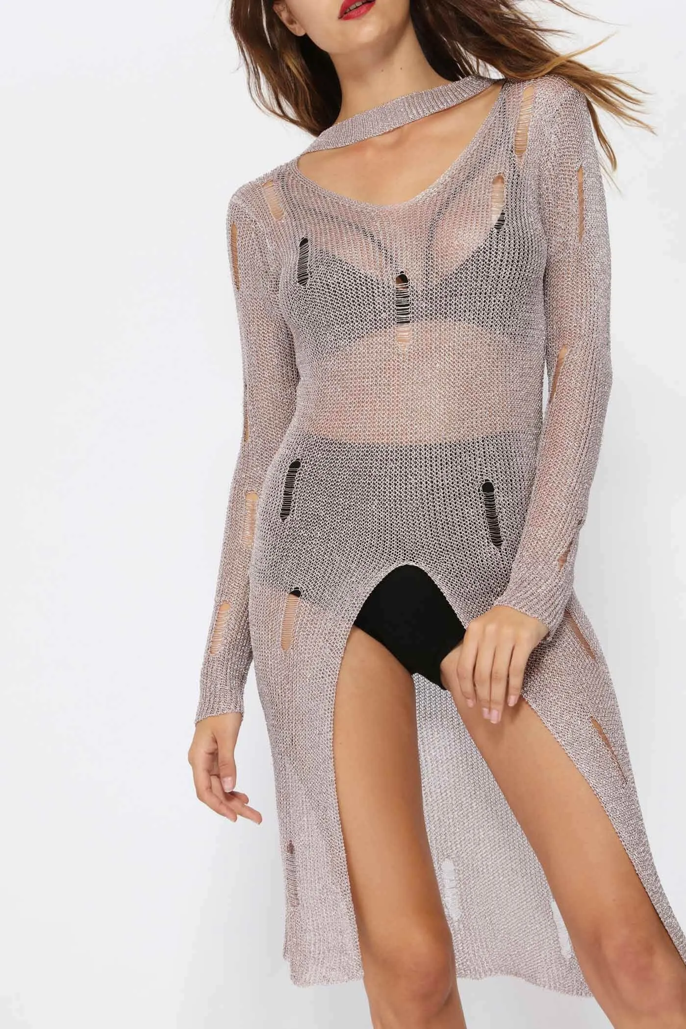 Rose Gold Mesh Metallic Knitted Midi Dress
