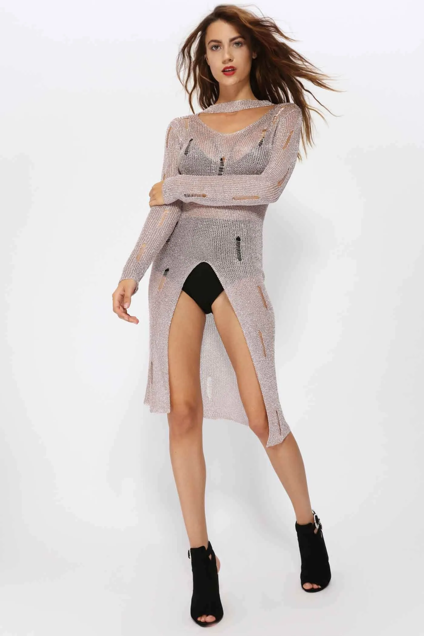 Rose Gold Mesh Metallic Knitted Midi Dress