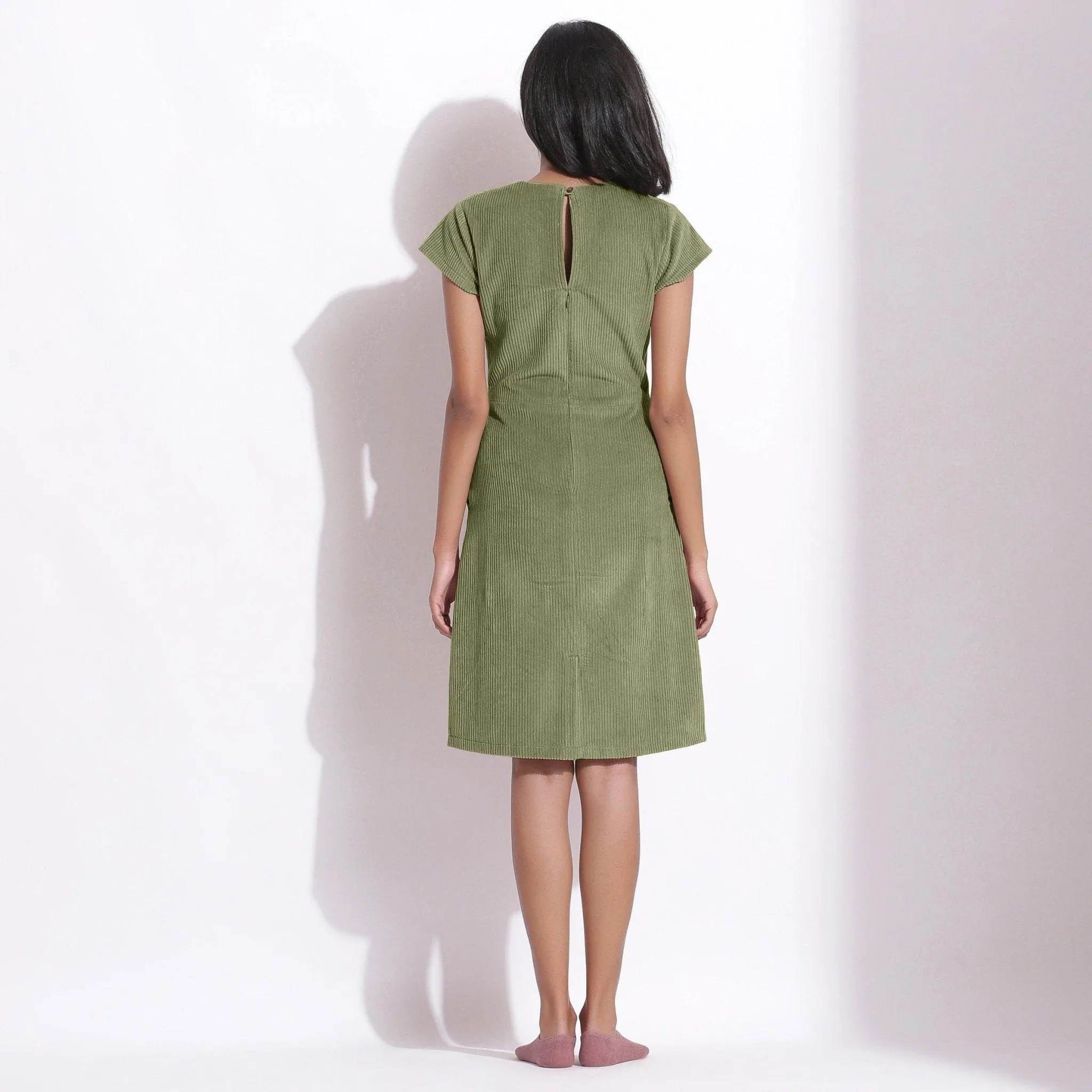 Sage Green Warm Cotton Corduroy Knee Length Shift Dress
