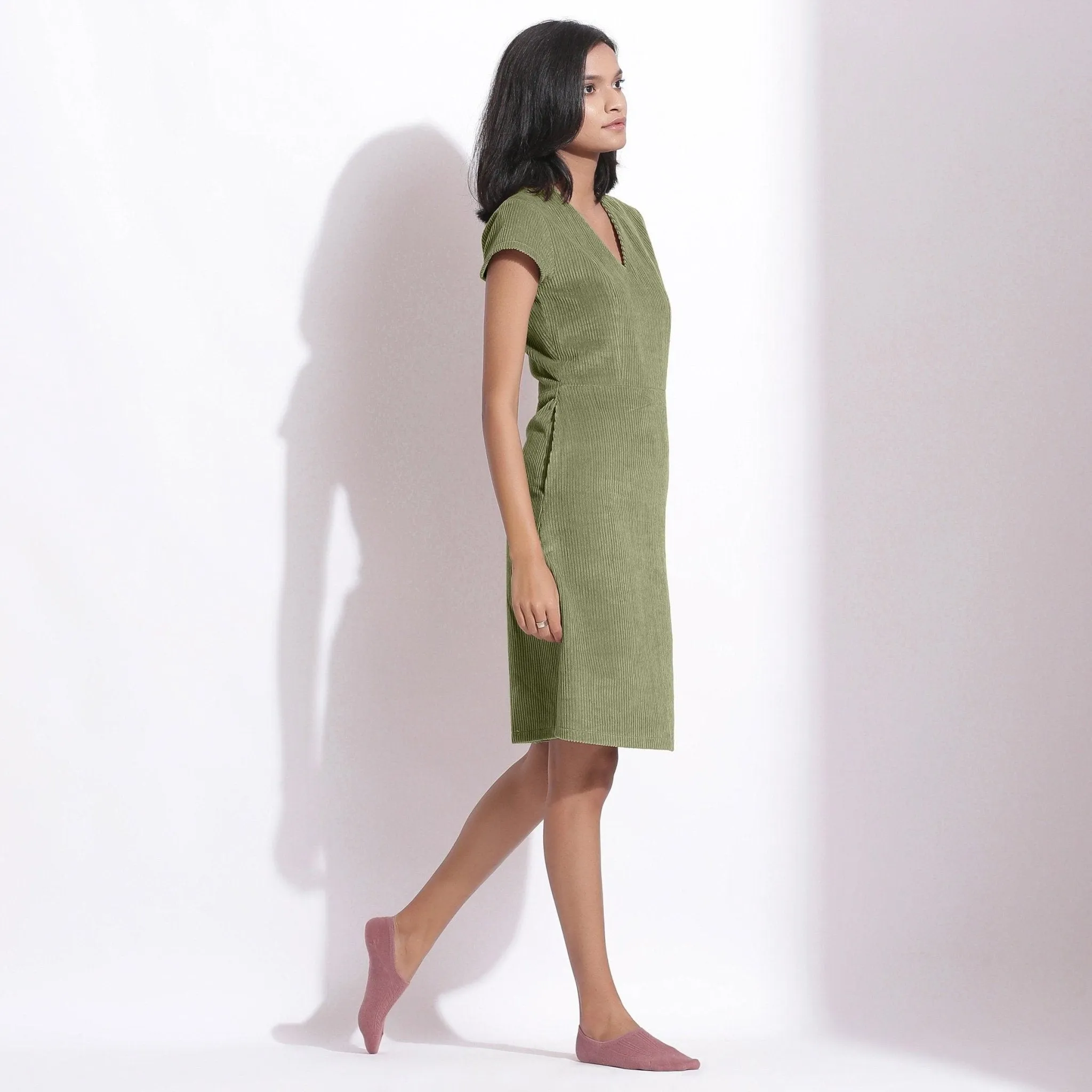 Sage Green Warm Cotton Corduroy Knee Length Shift Dress