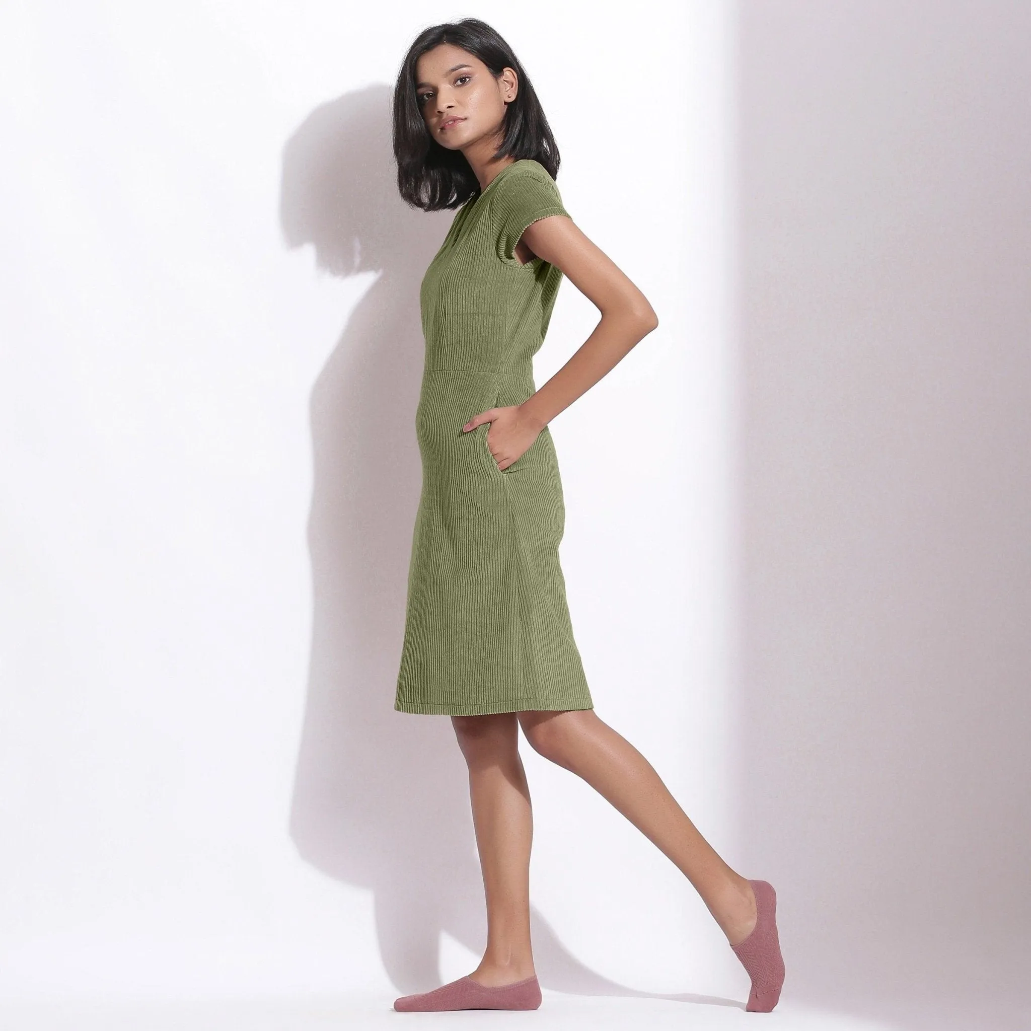 Sage Green Warm Cotton Corduroy Knee Length Shift Dress
