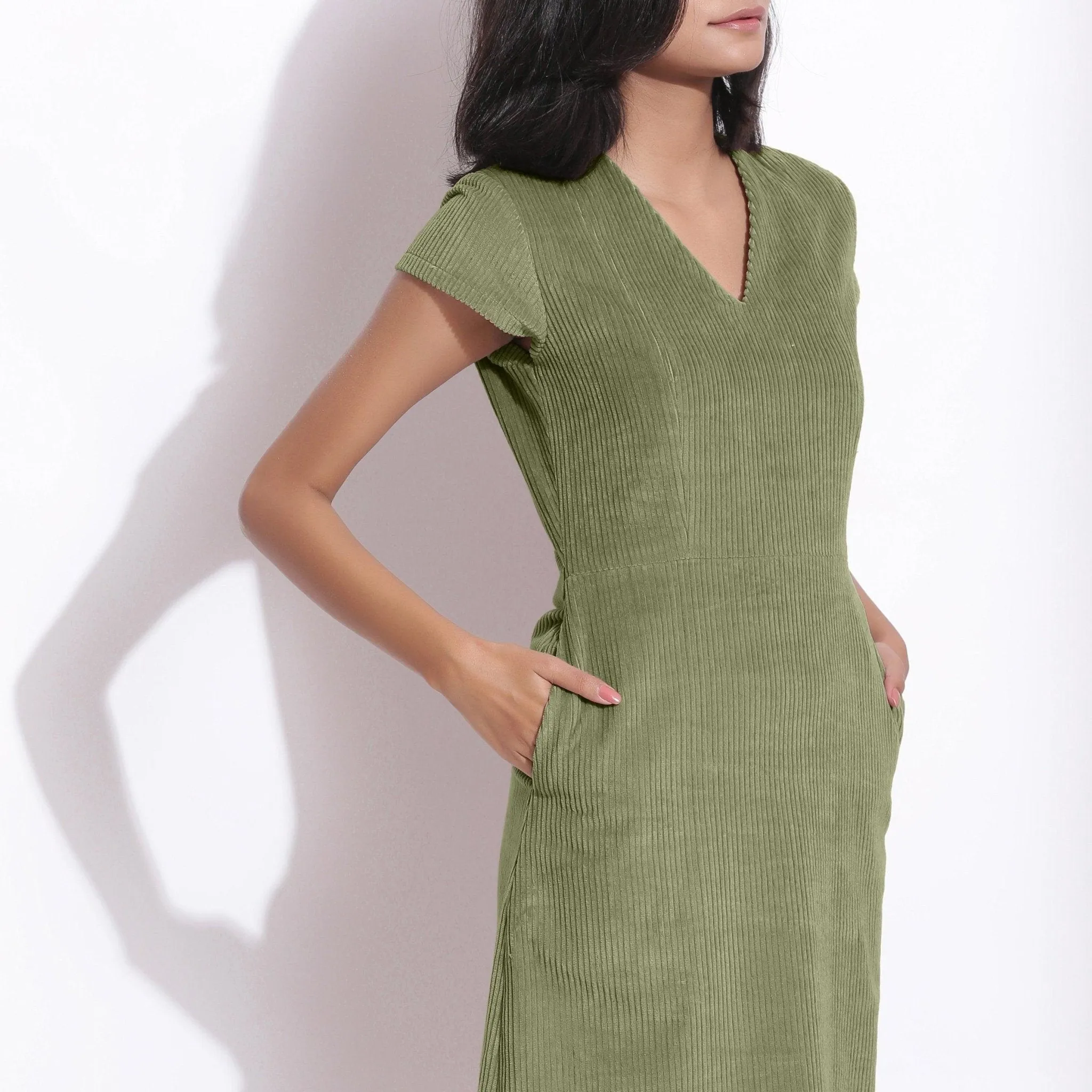 Sage Green Warm Cotton Corduroy Knee Length Shift Dress