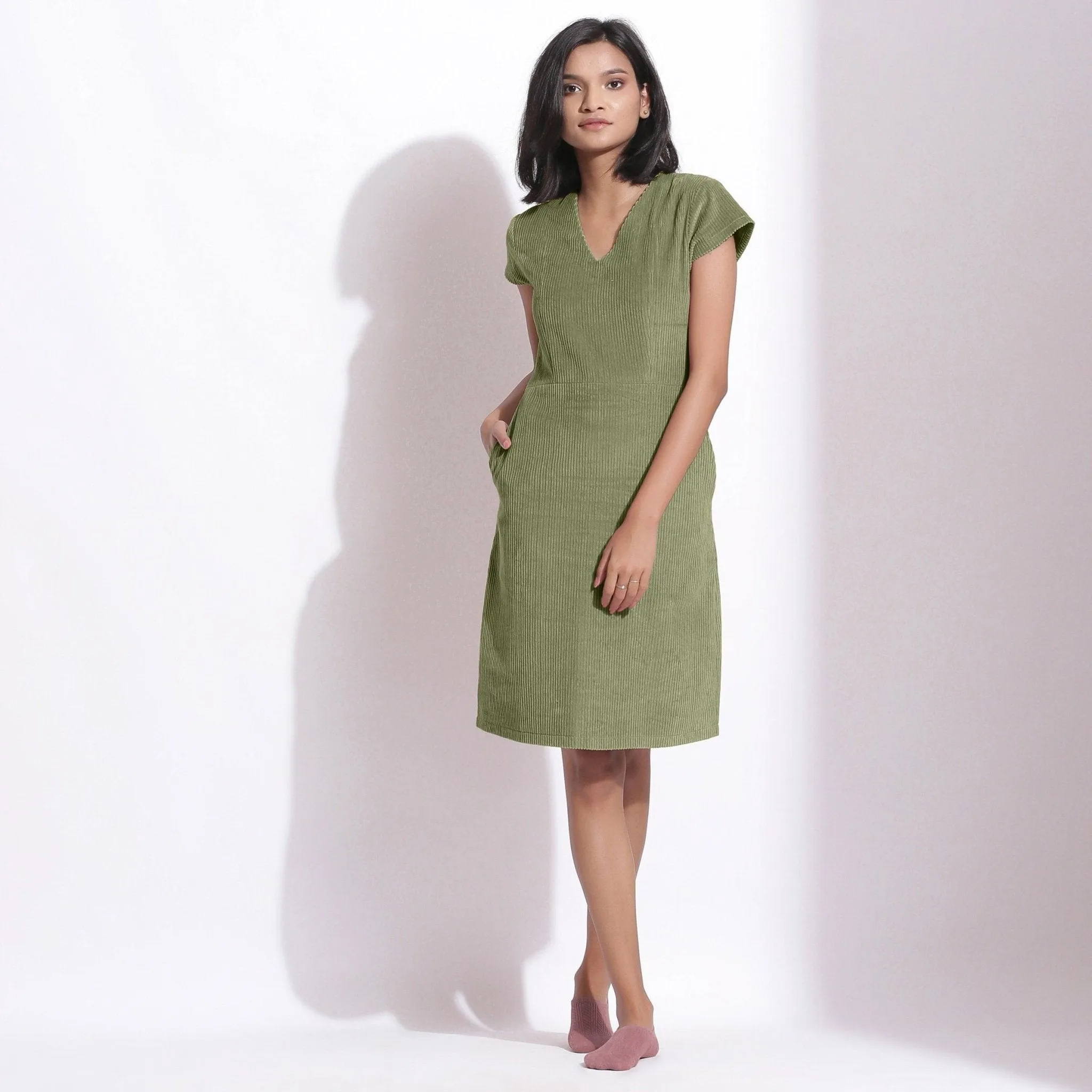 Sage Green Warm Cotton Corduroy Knee Length Shift Dress
