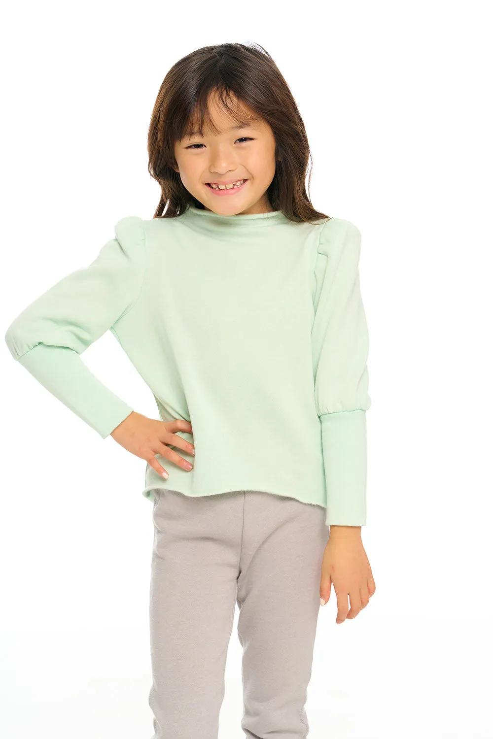 Semi Cropped Hi Lo Mock Neck Puff Sleeve Pullover