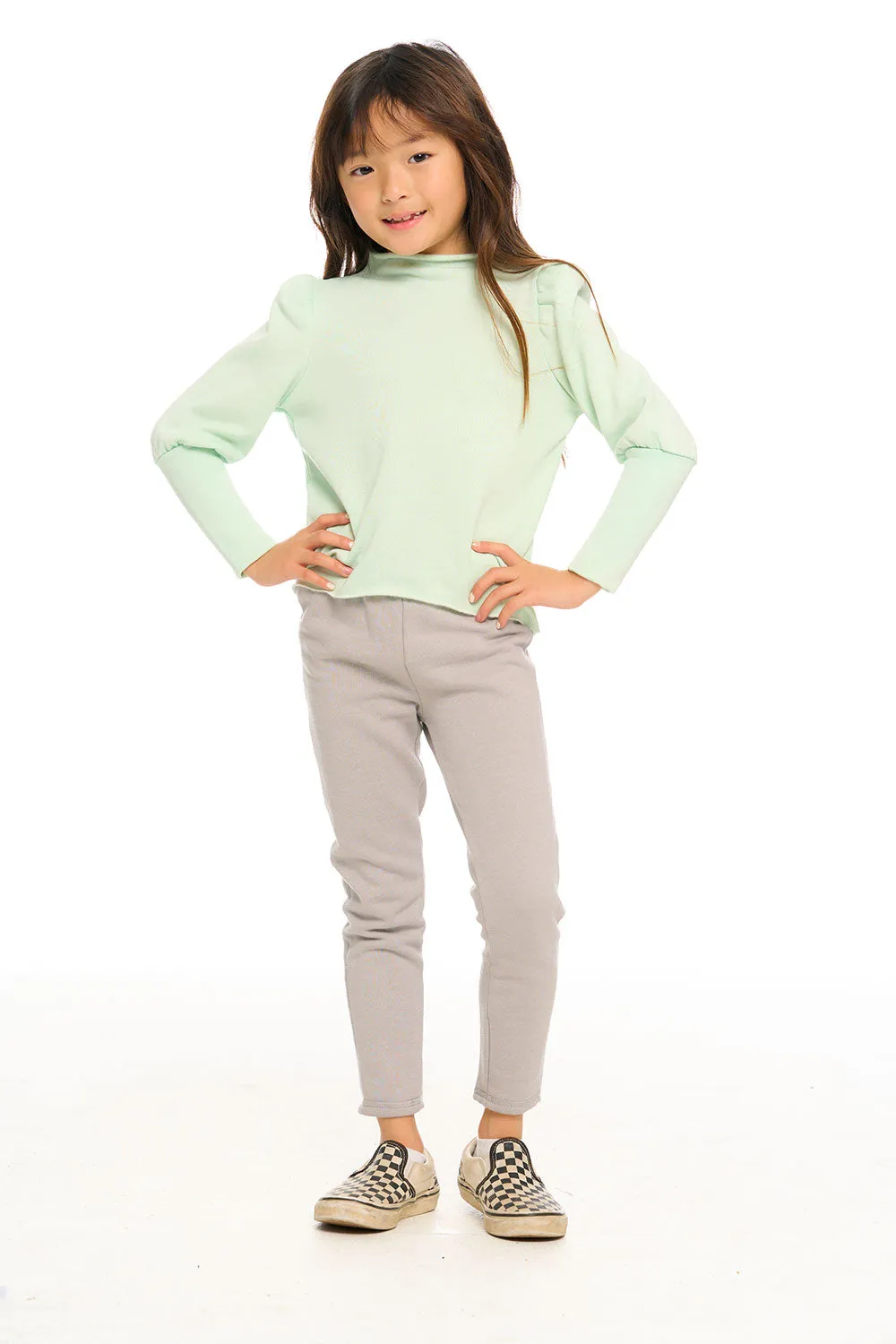 Semi Cropped Hi Lo Mock Neck Puff Sleeve Pullover