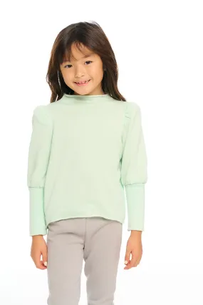 Semi Cropped Hi Lo Mock Neck Puff Sleeve Pullover
