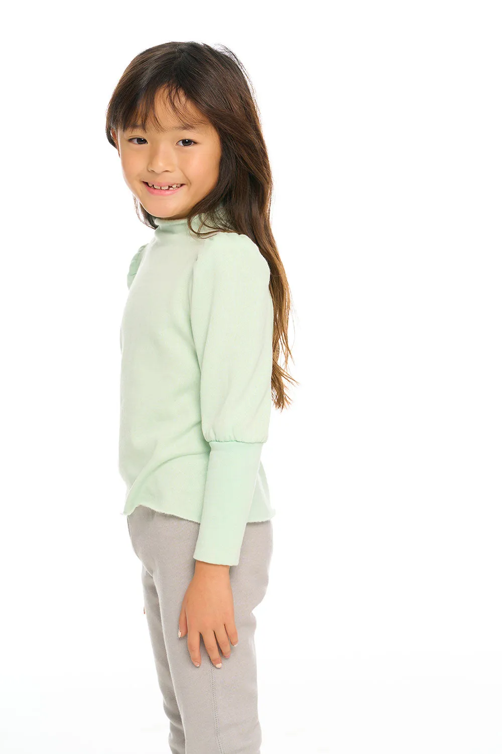 Semi Cropped Hi Lo Mock Neck Puff Sleeve Pullover