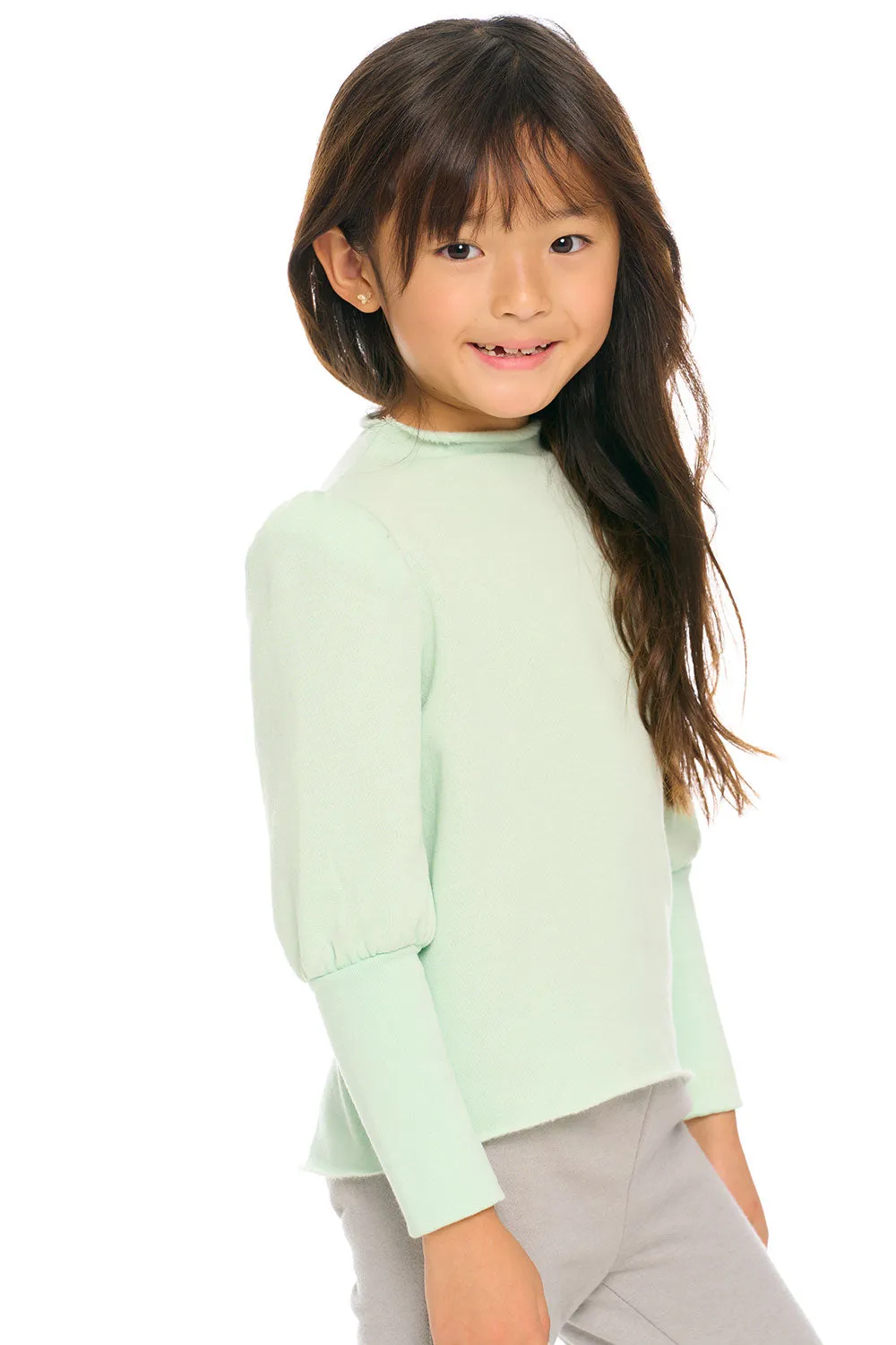 Semi Cropped Hi Lo Mock Neck Puff Sleeve Pullover