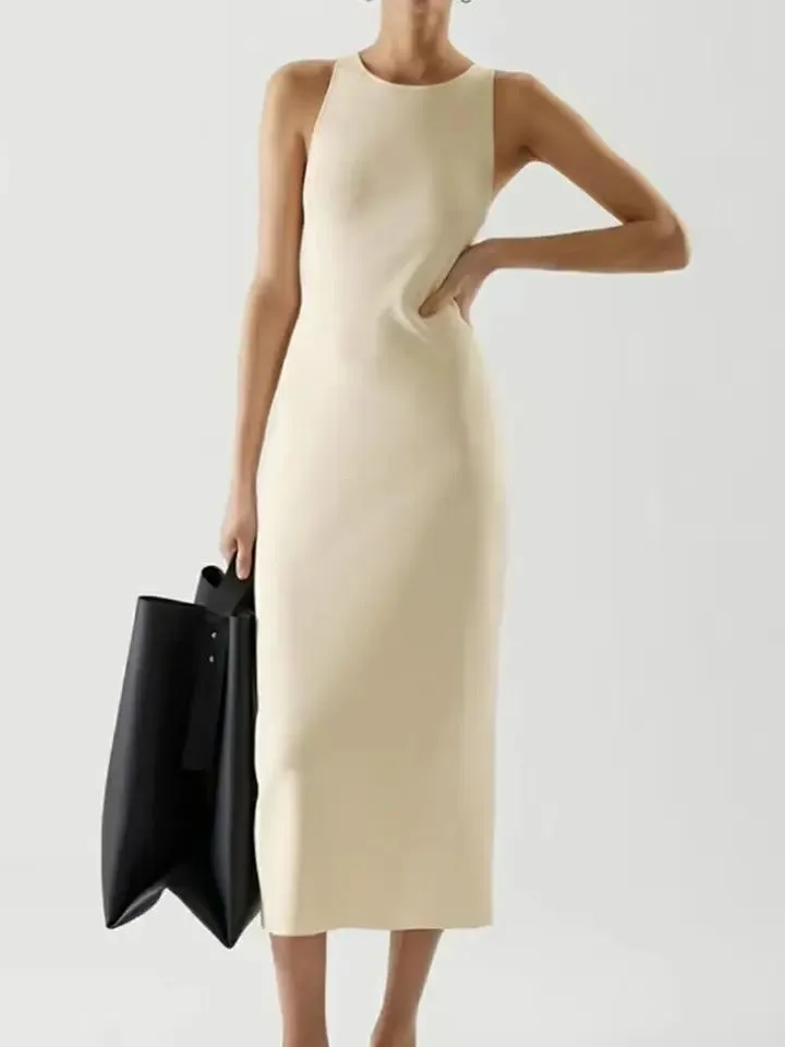 Slim Knitted Long Dress Women Minimalist Elegant Office Ladies Sleeveless O-neck Casual Tank Dress Summer Bodycon Dresses S4821498