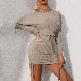 Solid Color Brushed Pit Stripe Sweater Dress Wholesale Womens Clothing N3824080900012