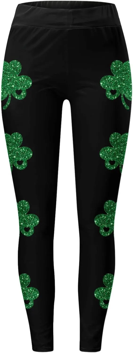 St Patricks Day Leggings for Women High Waist Green Clover Leaves Leggings Lucky Irish Shamrock Tights Soft Yoga Pants