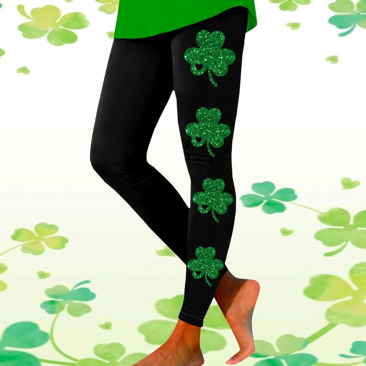 St Patricks Day Leggings for Women High Waist Green Clover Leaves Leggings Lucky Irish Shamrock Tights Soft Yoga Pants