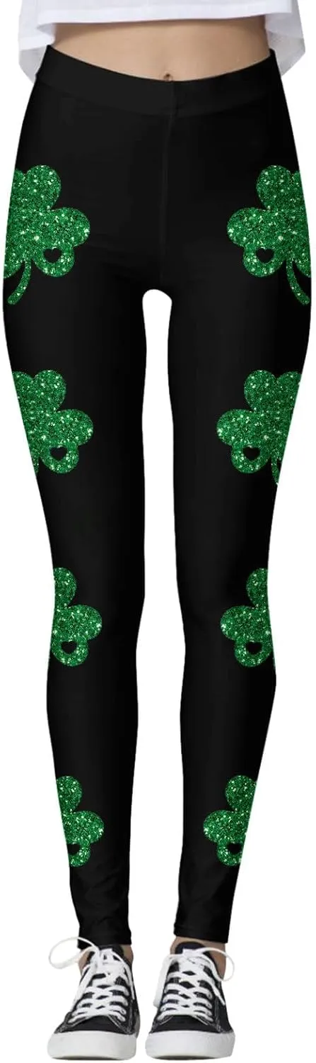 St Patricks Day Leggings for Women High Waist Green Clover Leaves Leggings Lucky Irish Shamrock Tights Soft Yoga Pants