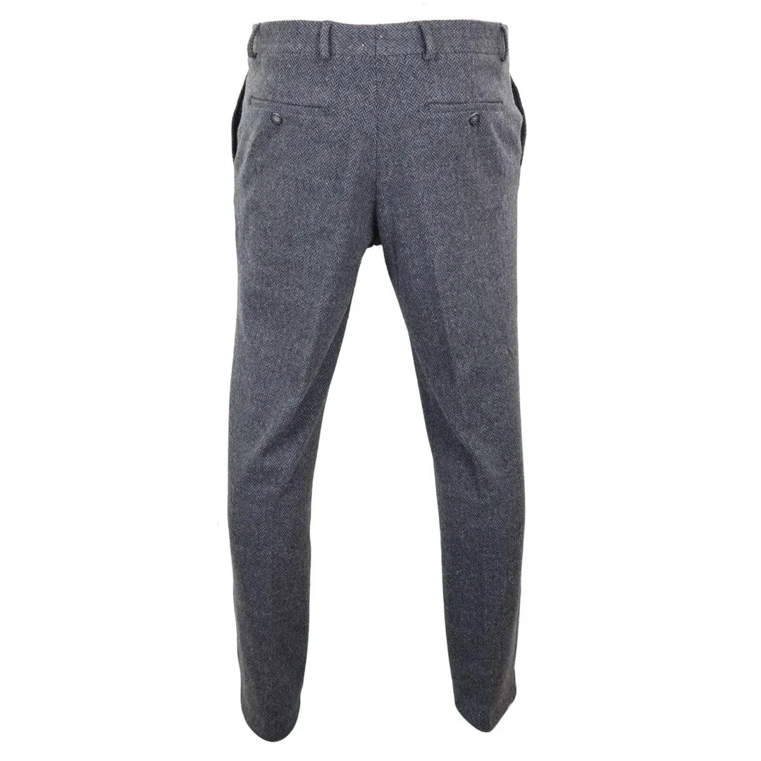 STZ11 - Men's Grey Charcoal Tweed Herringbone Wool Trousers