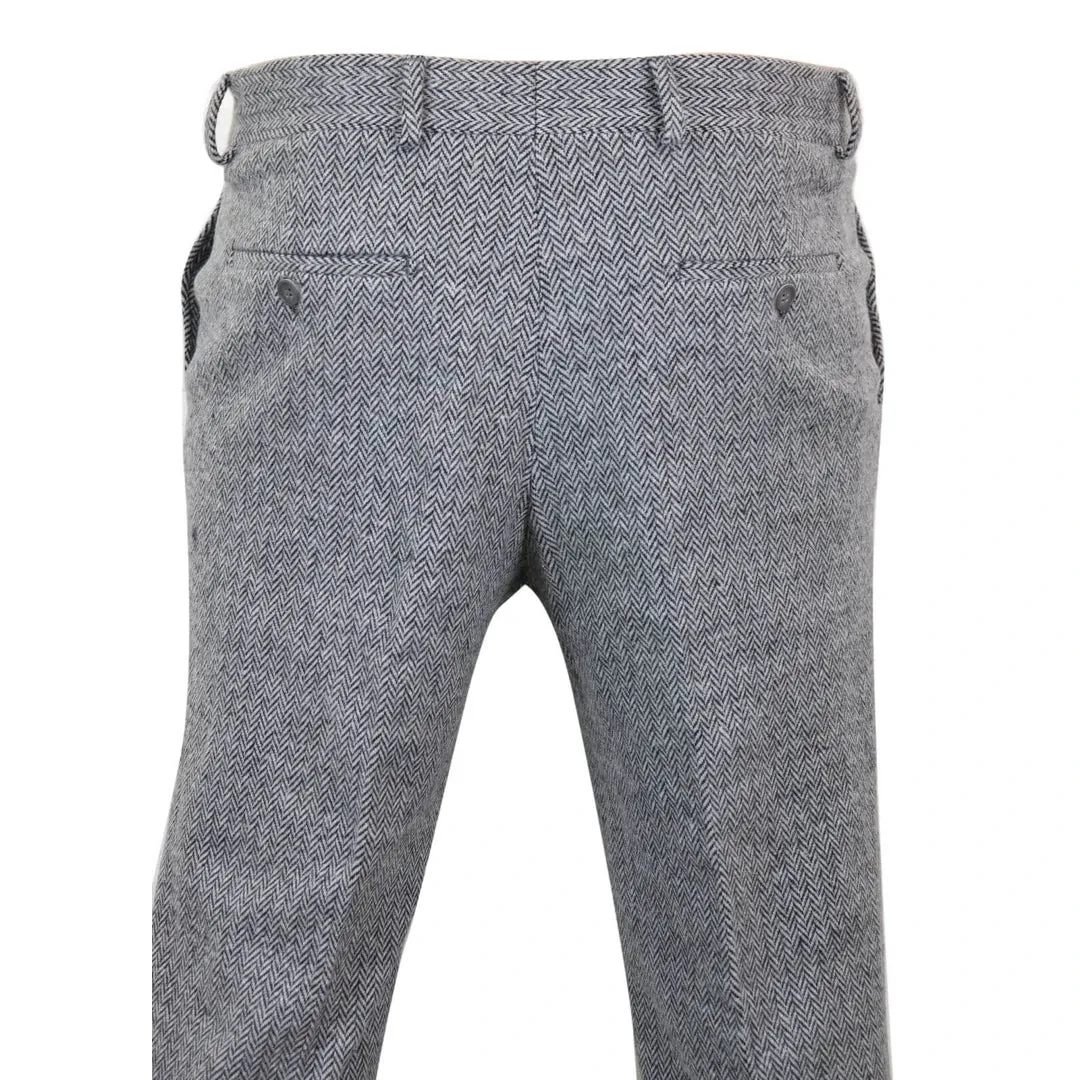 STZ11 - Men's Grey Charcoal Tweed Herringbone Wool Trousers